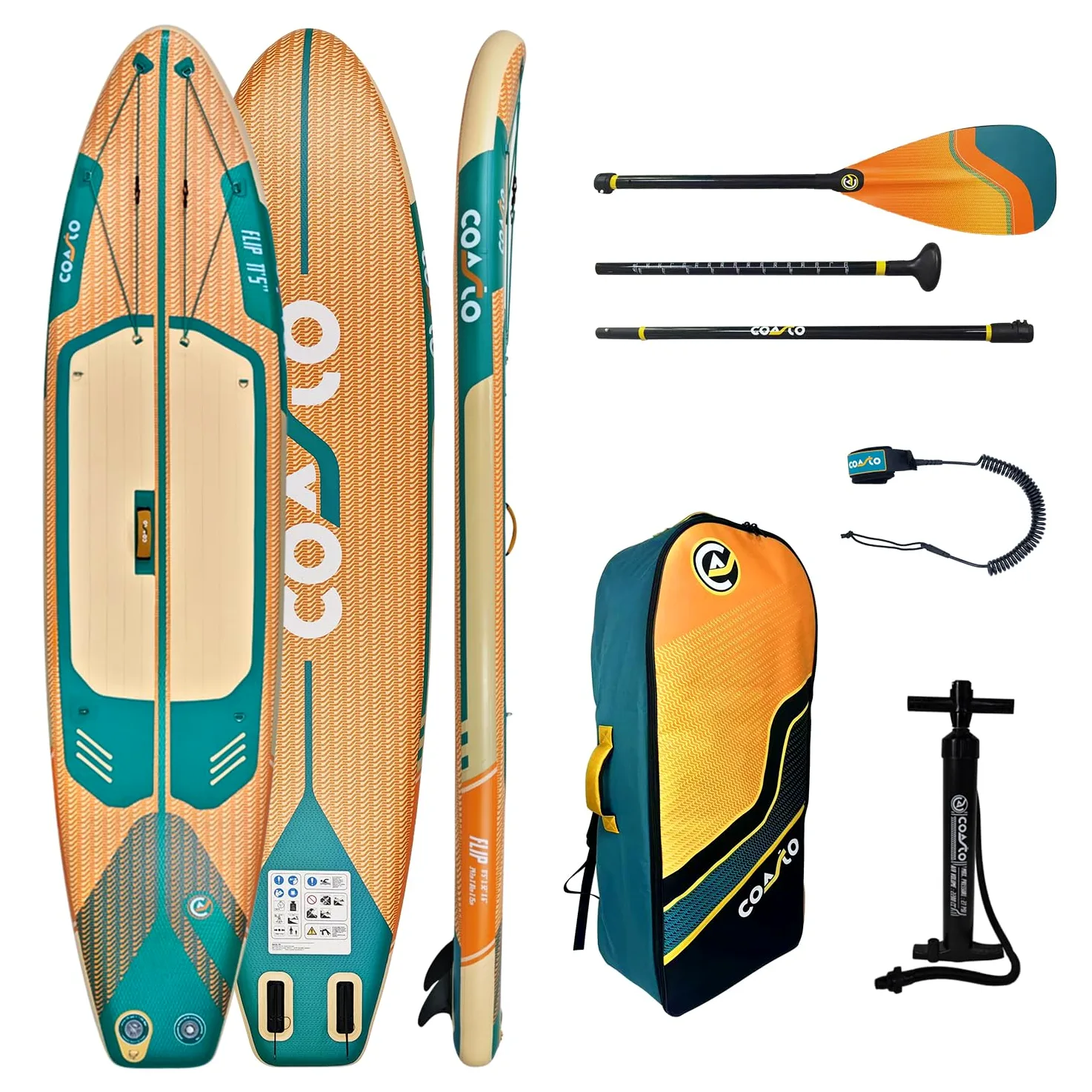 Coasto – Sup Stand Up Paddle Inflable Coasto Flip 11'5 – PB-CFLIP115-348x81x15 cm Dropstitch Woven – Paquete Completo – Paleta Leash Bomba Bolsa de Transporte – hasta 150 kg – Naranja