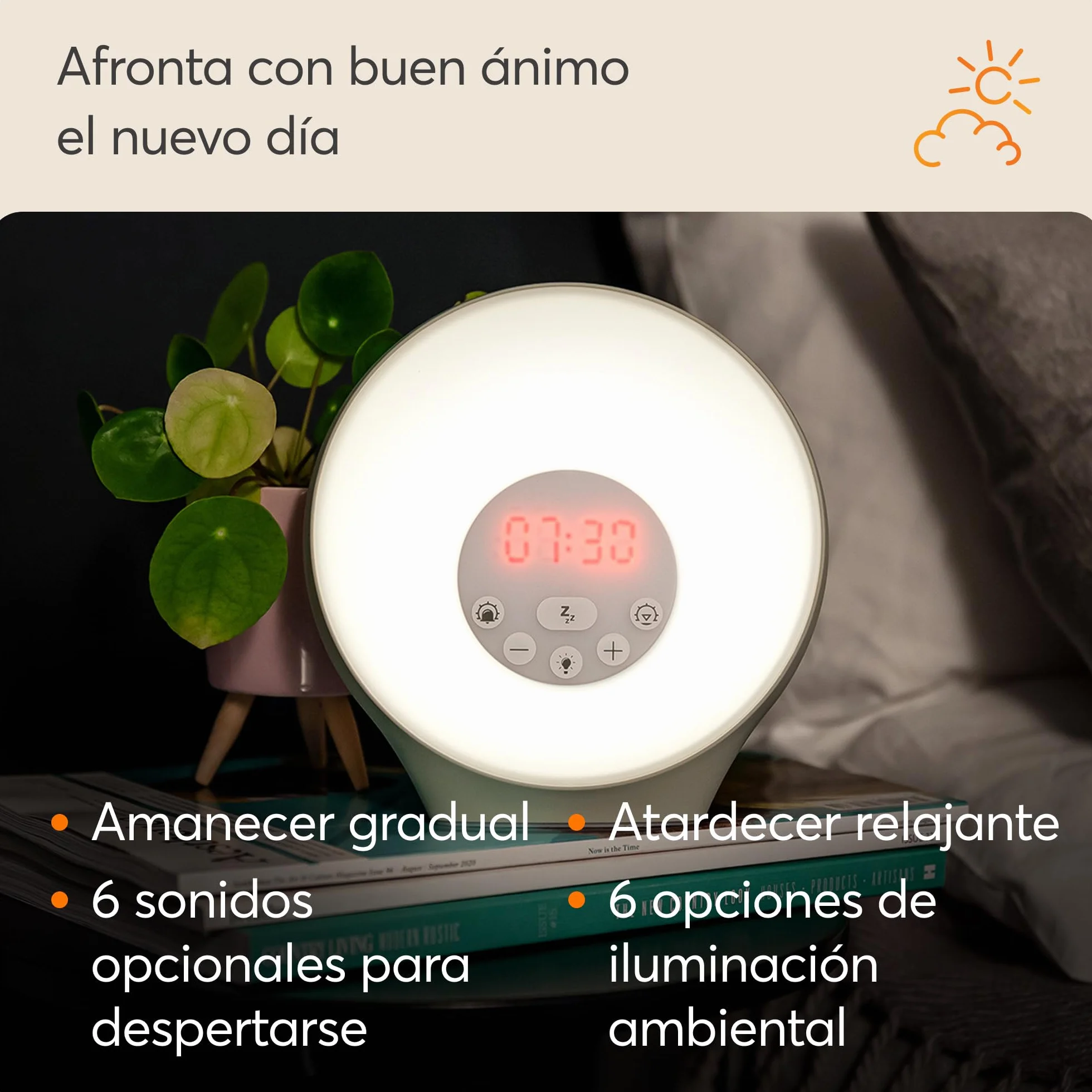 Lumie Sunrise Alarm, Despertador con Luz Amanecer y Anochecer Graduales, 5 Sonidos, 6 Colores