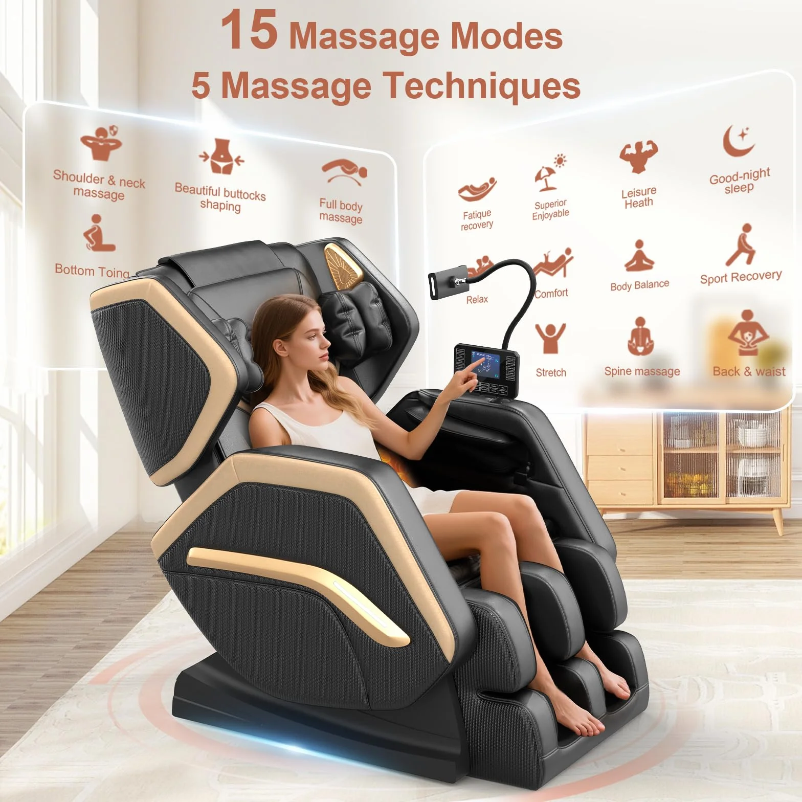 Sillón de Masaje para Todo el Cuerpo, 14 Rodillos, Calefacción, Masaje de Pies, 8 Airbags, Bluetooth, Mando a Distancia