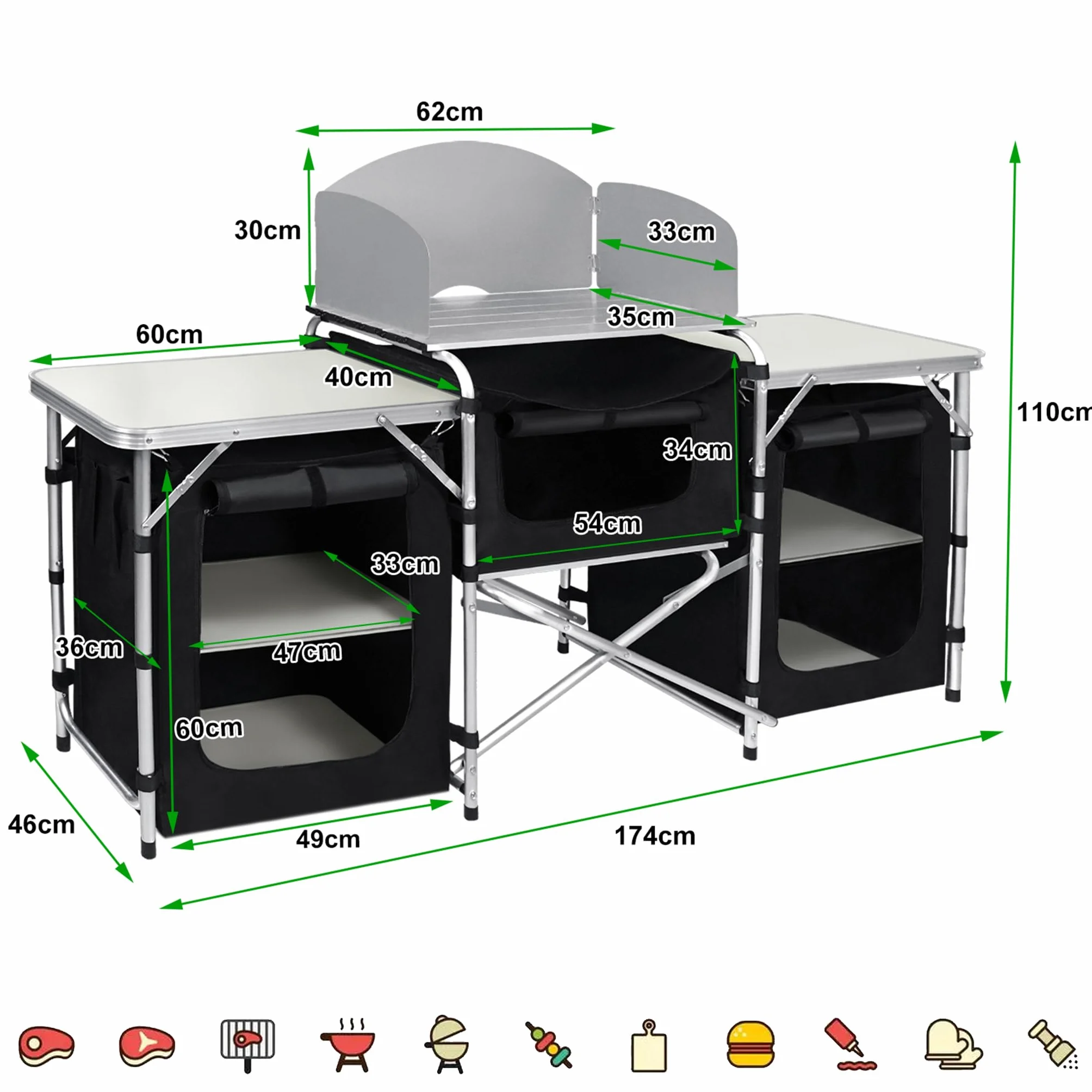 Armarios de camping al aire libre plegable cocina de camping de estructura de aluminio, tela Oxford lavable y paneles de MDF, armario de tienda de campaña, caja de cocina con bolsa de transporte