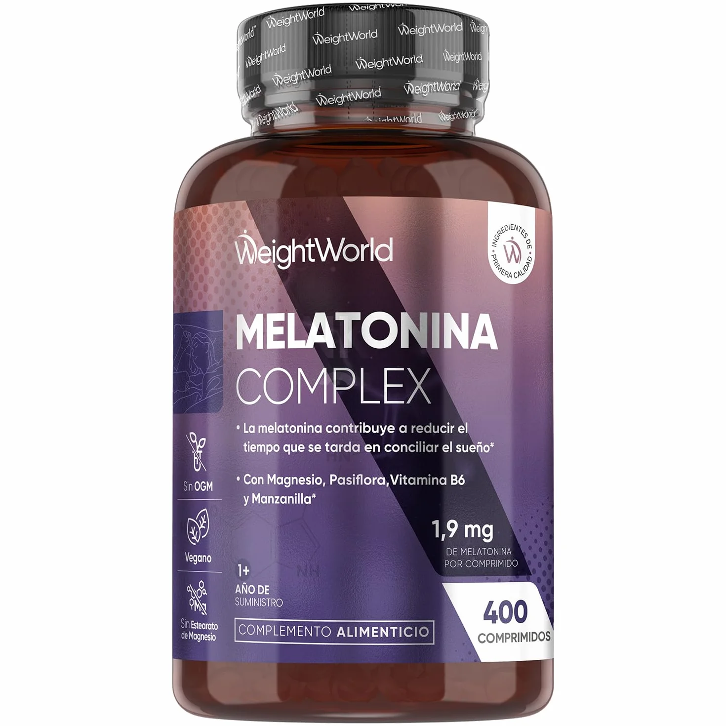Melatonina 1,9 mg Complex con Magnesio, Vitamina B6, Pasiflora y Manzanilla 400 Comprimidos Liberación Prolongada Sin Gluten Vegano