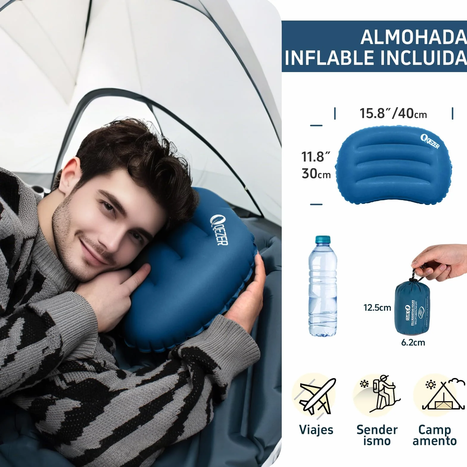 Colchón Inflable Ultraligero (Almohada). Colchón Inflable portátil para Playa, Camping y Senderismo. (Azul)