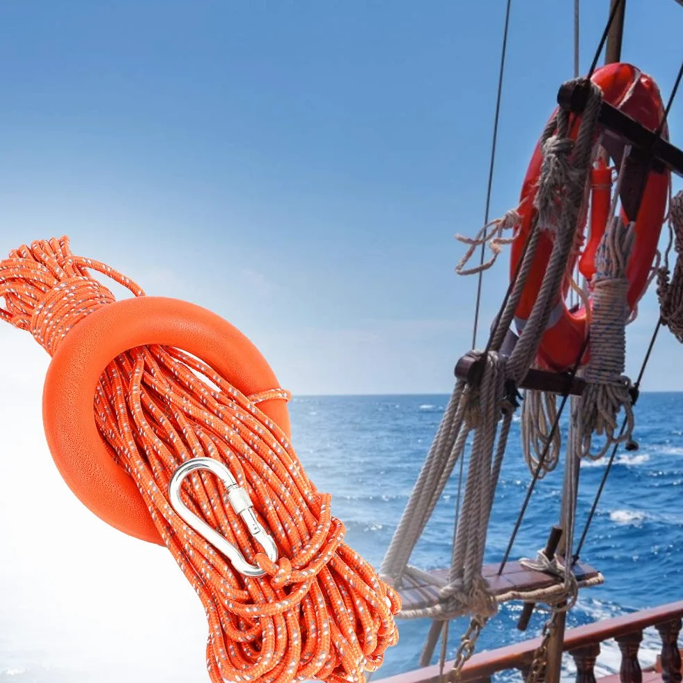 Cuerda Salvavidas Reflectante de PVC de 6MM de Diámetro y 30M con Anillos de Gancho, Equipo Salvavidas para Rescate en Piscinas