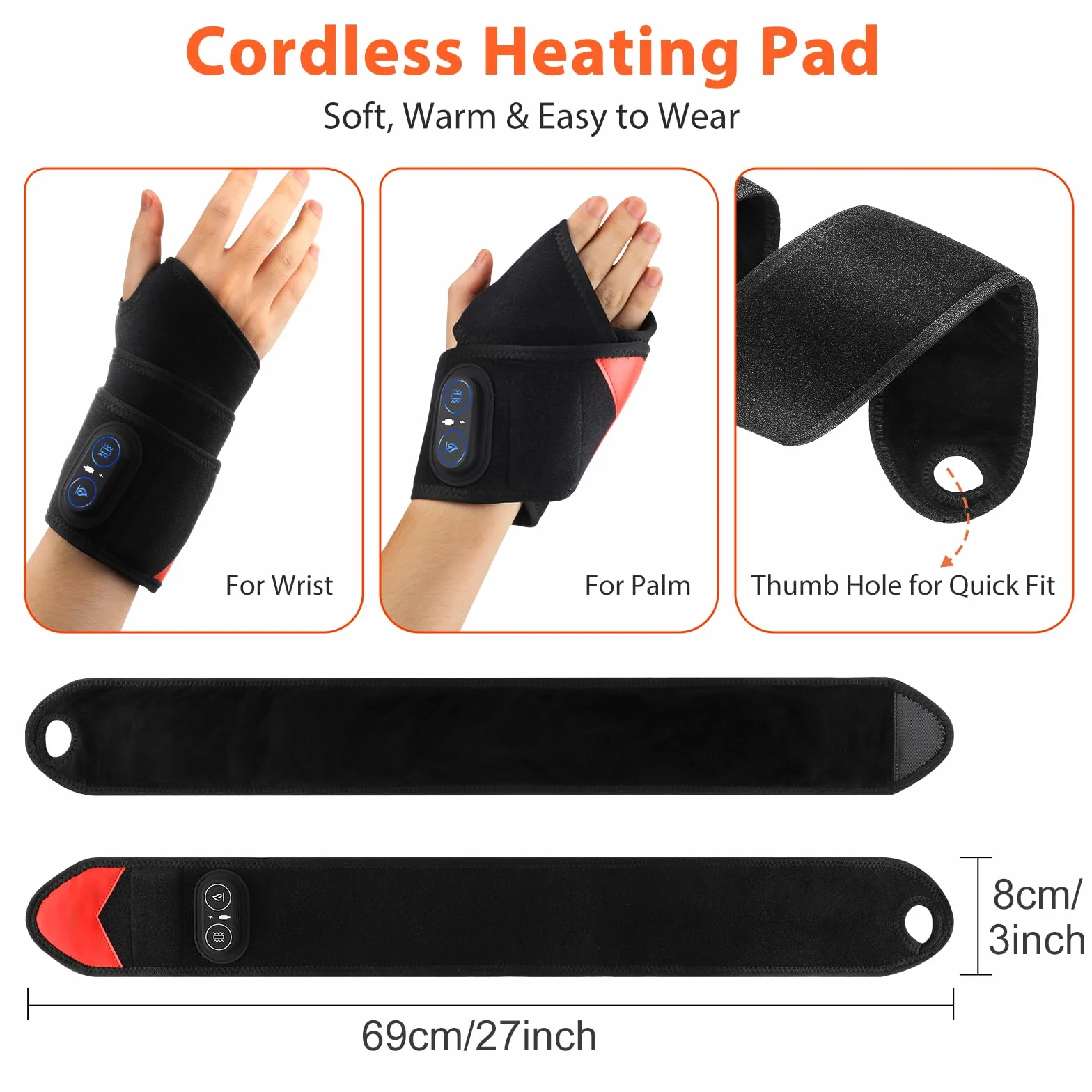 Almohadilla Térmica Para Muñeca Inalámbrica Con Vibración, Soporte Térmico Para Muñeca Portátil Con Luz Roja 660nm, 3 Niveles De Calor, 3 Modos De Vibración, Batería Integrada 3000mAh, Longitud 69cm