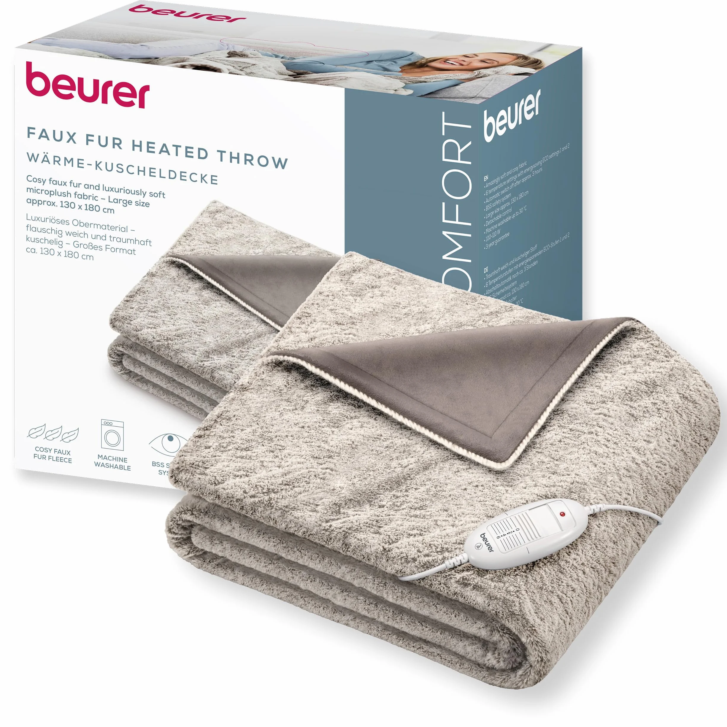 Beurer HD 75 Nordic manta eléctrica, manta térmica suave con aspecto de piel sintética, 6 niveles de temperatura, lavable a máquina (30 °C), desconexión automática. Color beige/marrón, 180×130 cm