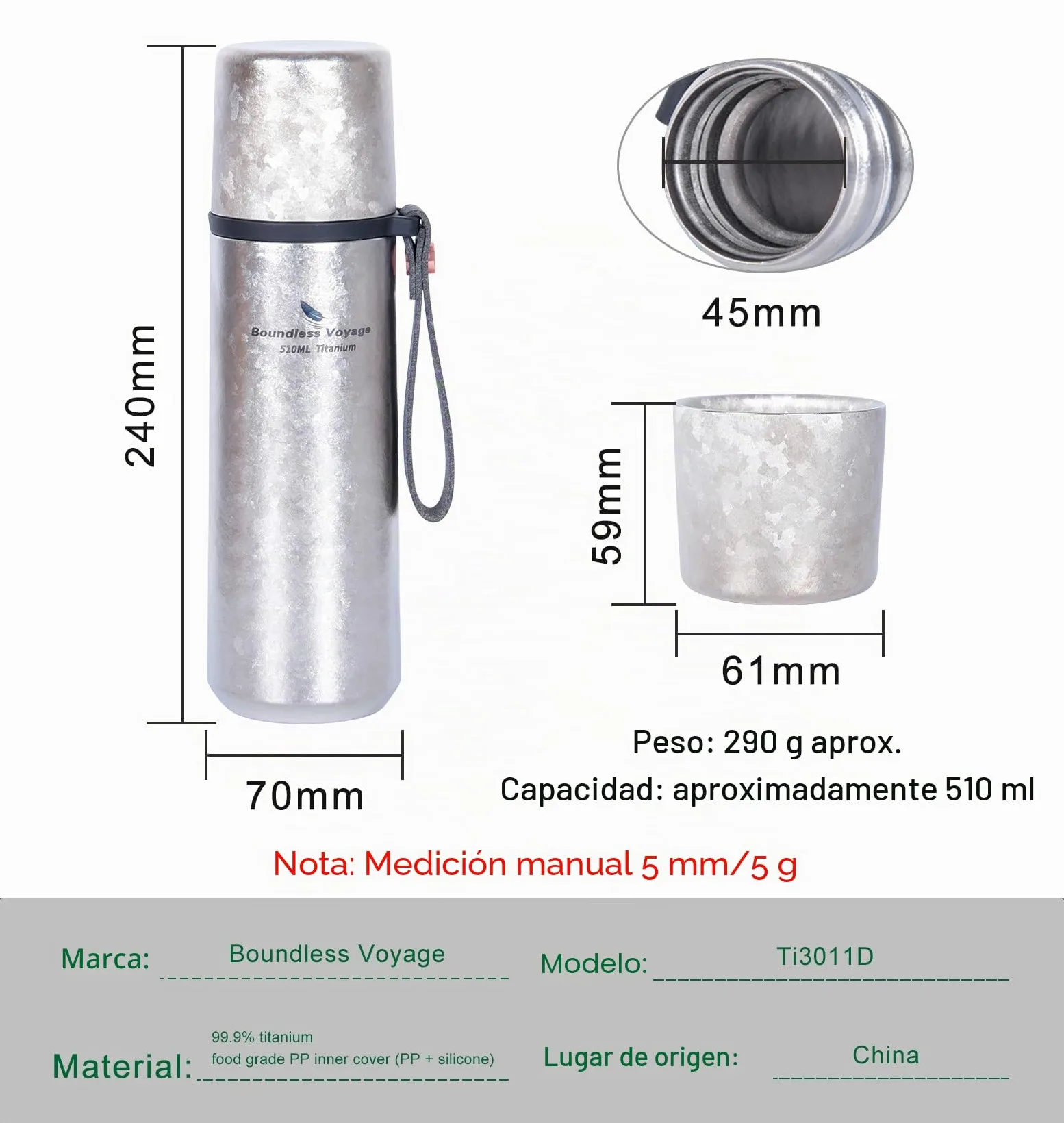 iBasingo Botella termo de titanio de 510 ml, termo de vacío, botella de agua, botella de agua, botella de agua, botella de metal para exteriores, ligera, a prueba de fugas, termo Ti3011D