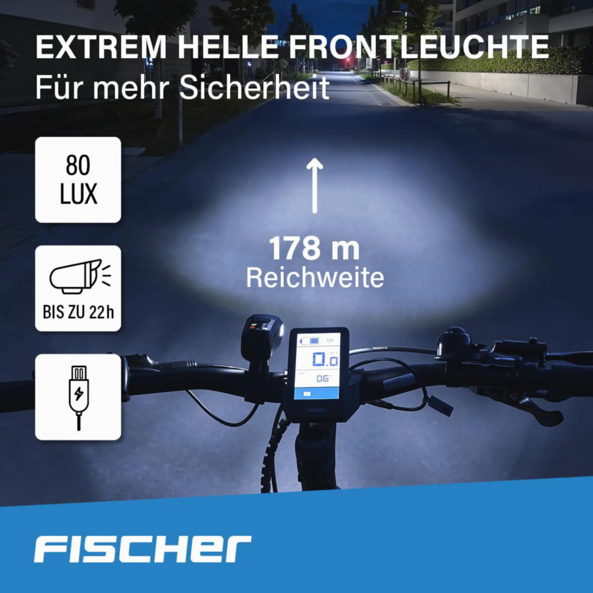Fischer Juego de iluminación para Bicicleta 80/40/20 Lux, Juego de Luces de batería, luz Delantera y Trasera, con batería y función de Carga USB, 3 Funciones de luz, protección contra Salpicaduras
