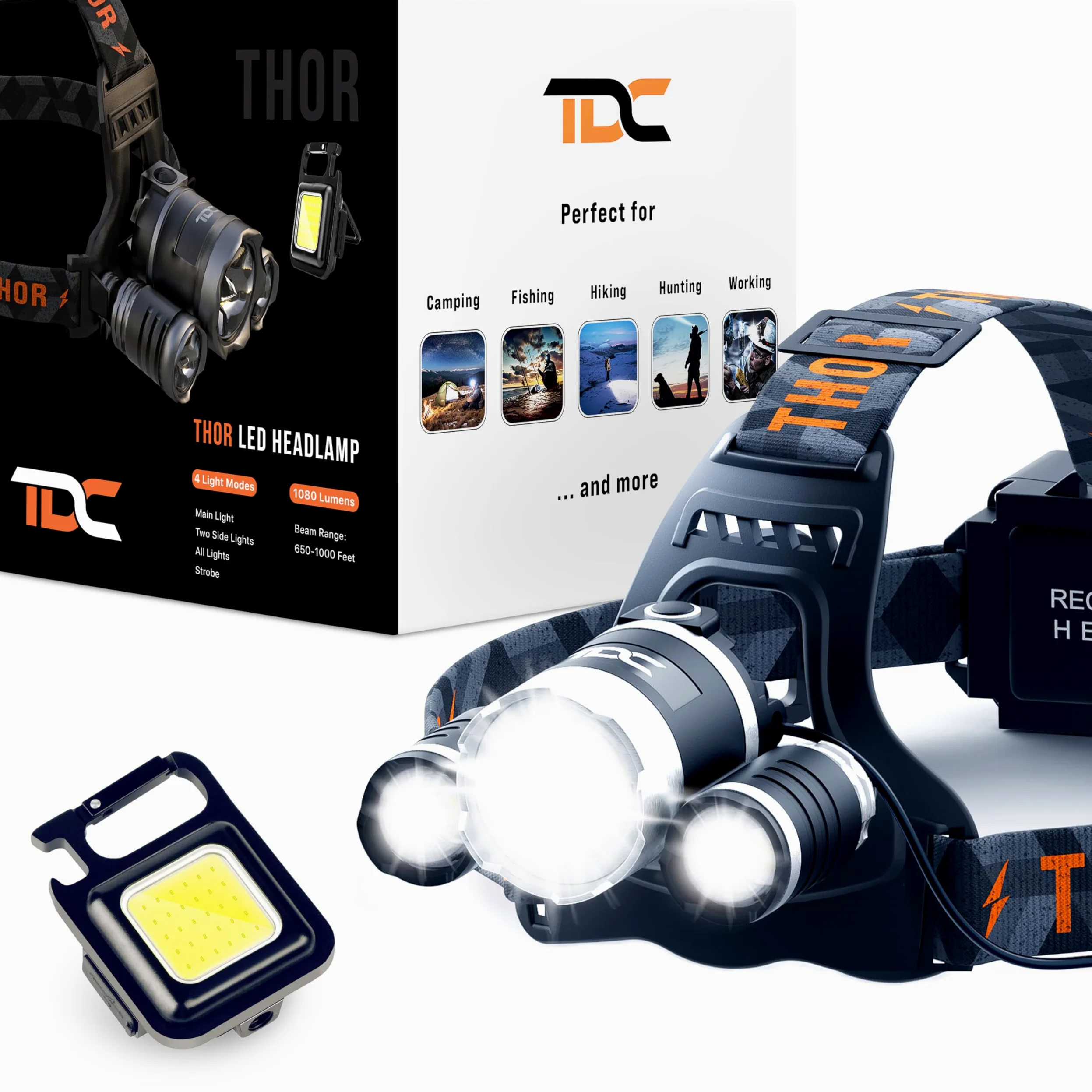 TDC Combo de faros: potente linterna frontal recargable Thor + linterna de llavero COB súper brillante recargable: ilumina tus aventuras con el dúo dinámico. Linterna frontal y llavero COB luz de