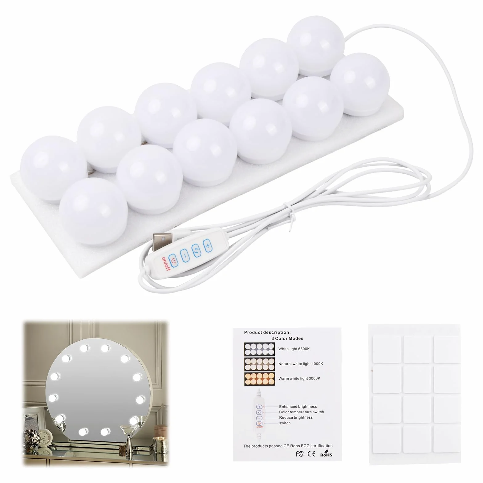 Jinlaili Luces de Espejo Maquillaje LED, 12 Bombillas Regulables, 3 Colores 9 Brillos, Lámpara de Tocador