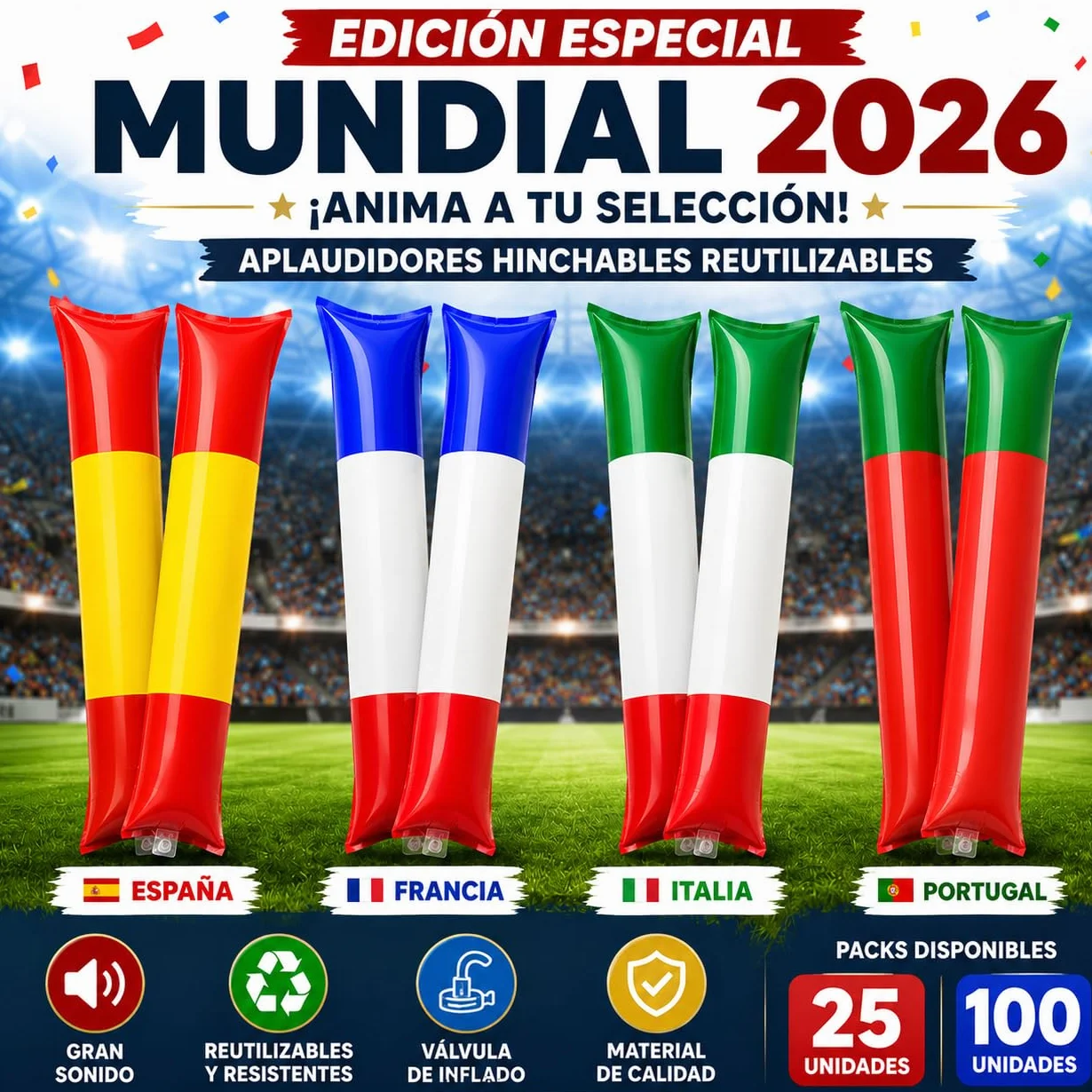 Aplaudidores Hinchables Reutilizables para Fiestas y Eventos, Mundial 2026 – Thunder Sticks con Válvula de Inflado para Fútbol, Cumpleaños, Conciertos