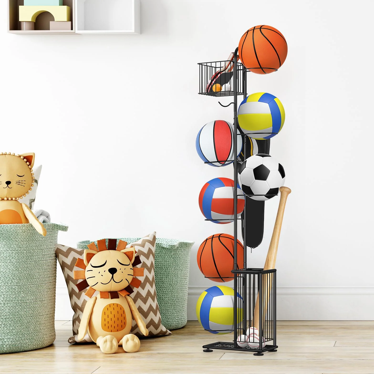Smusei Soporte de bolas de metal 7 niveles vertical con cestas y ganchos organizador para baloncesto fútbol voleibol