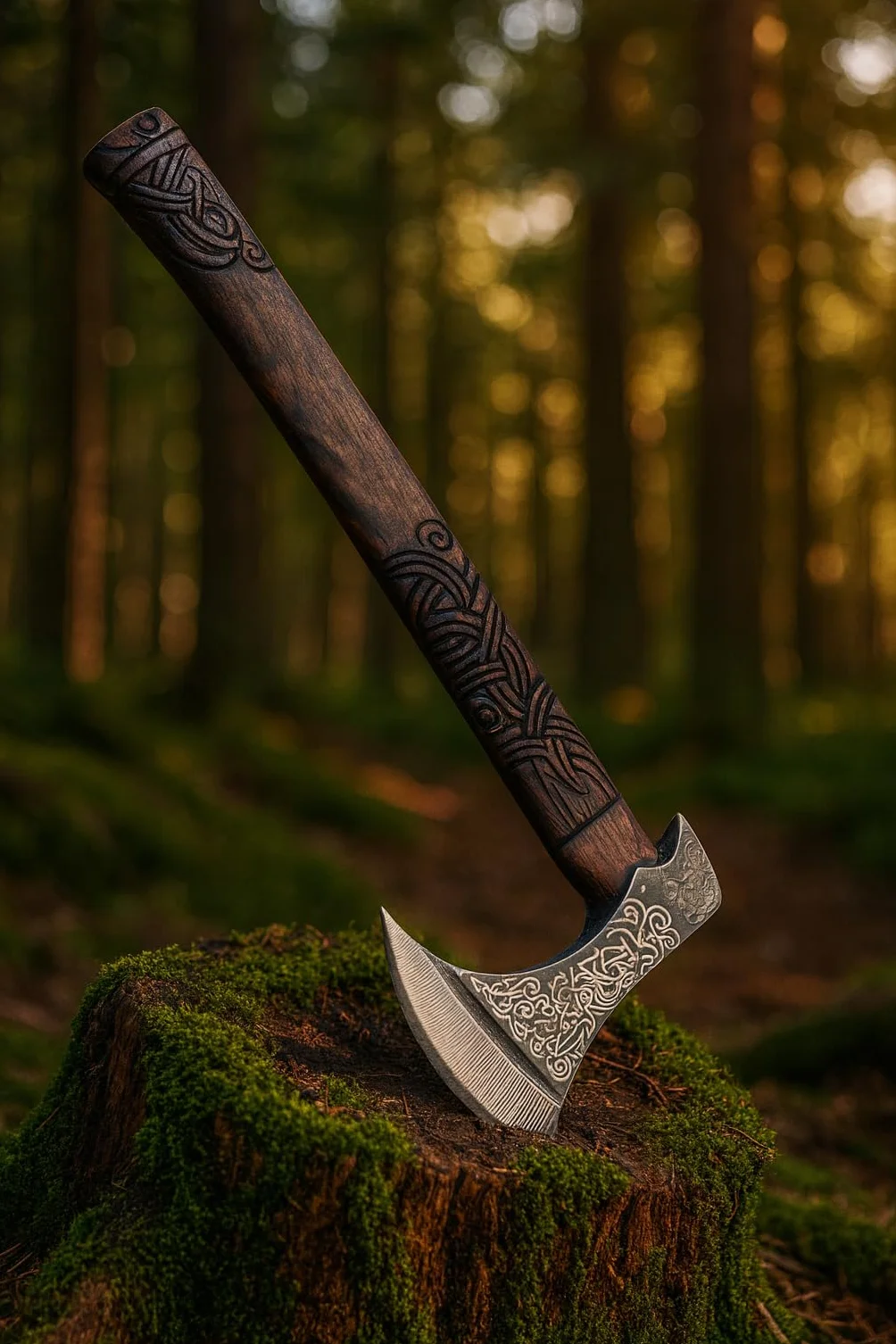 Hacha vikinga de lujo forjada a mano de acero al carbono y madera de fresno | Arte nórdico grabado