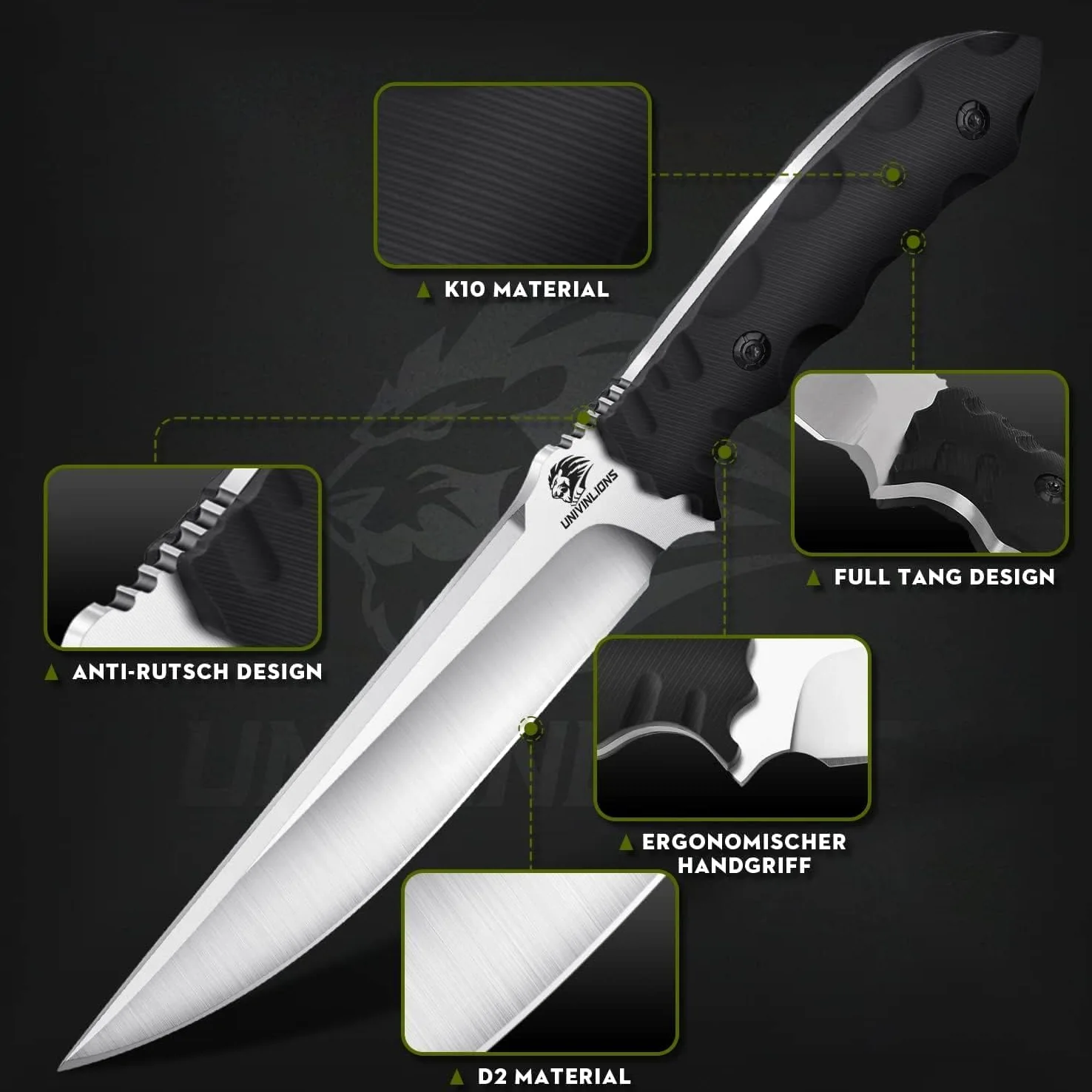 Cuchillo de supervivencia D2 full tang con funda, hoja fija out | Hoja D2 con mango G10 y funda incluida, diseñada para aventureros, cazadores y amantes del outdoor y supervivencia.