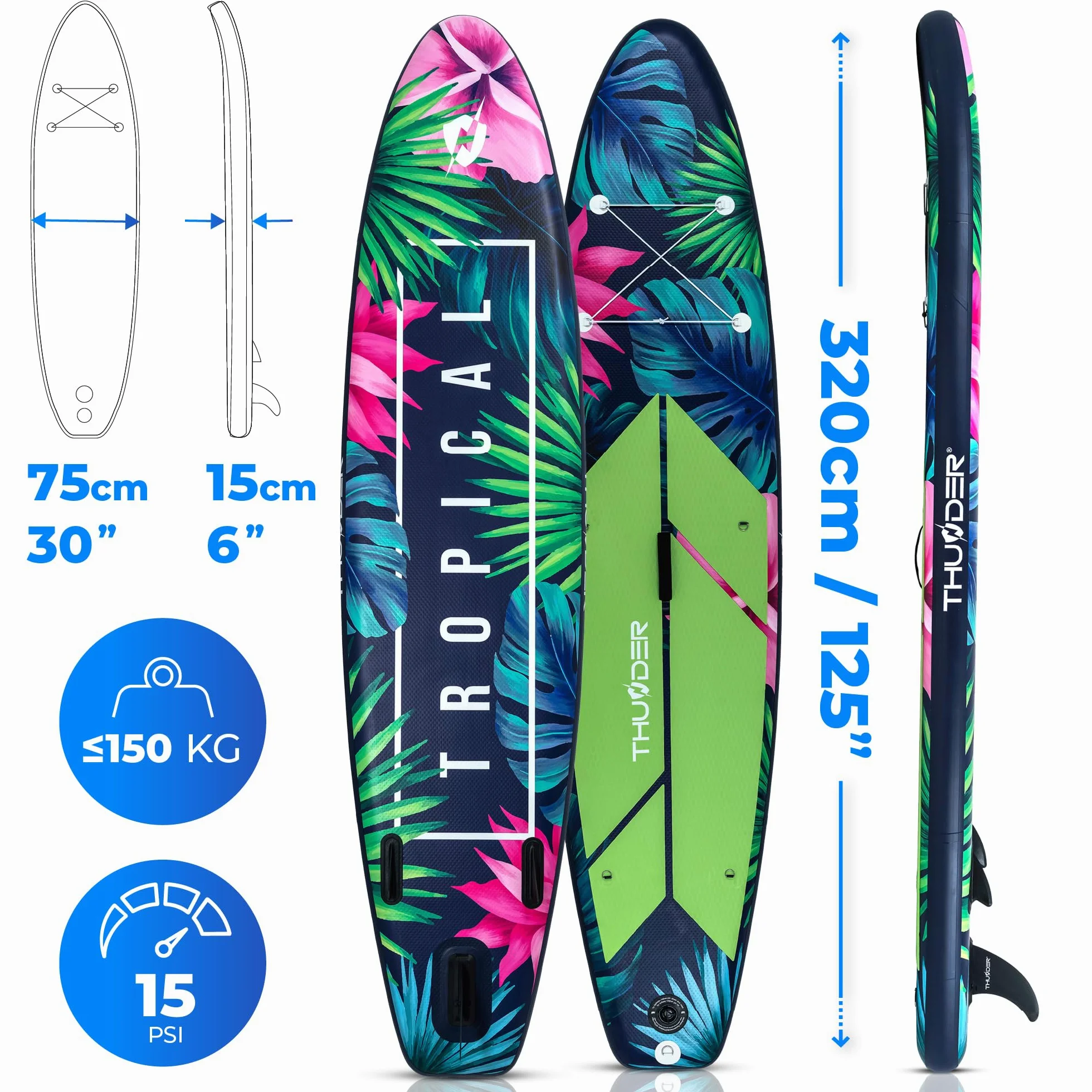 THUNDER Tabla de Sup Inflable de 320 cm con Asiento de Kayak – Set de Stand Up Paddle Board con Bomba, Remo y Mochila – Antideslizante para Adultos y Principiantes