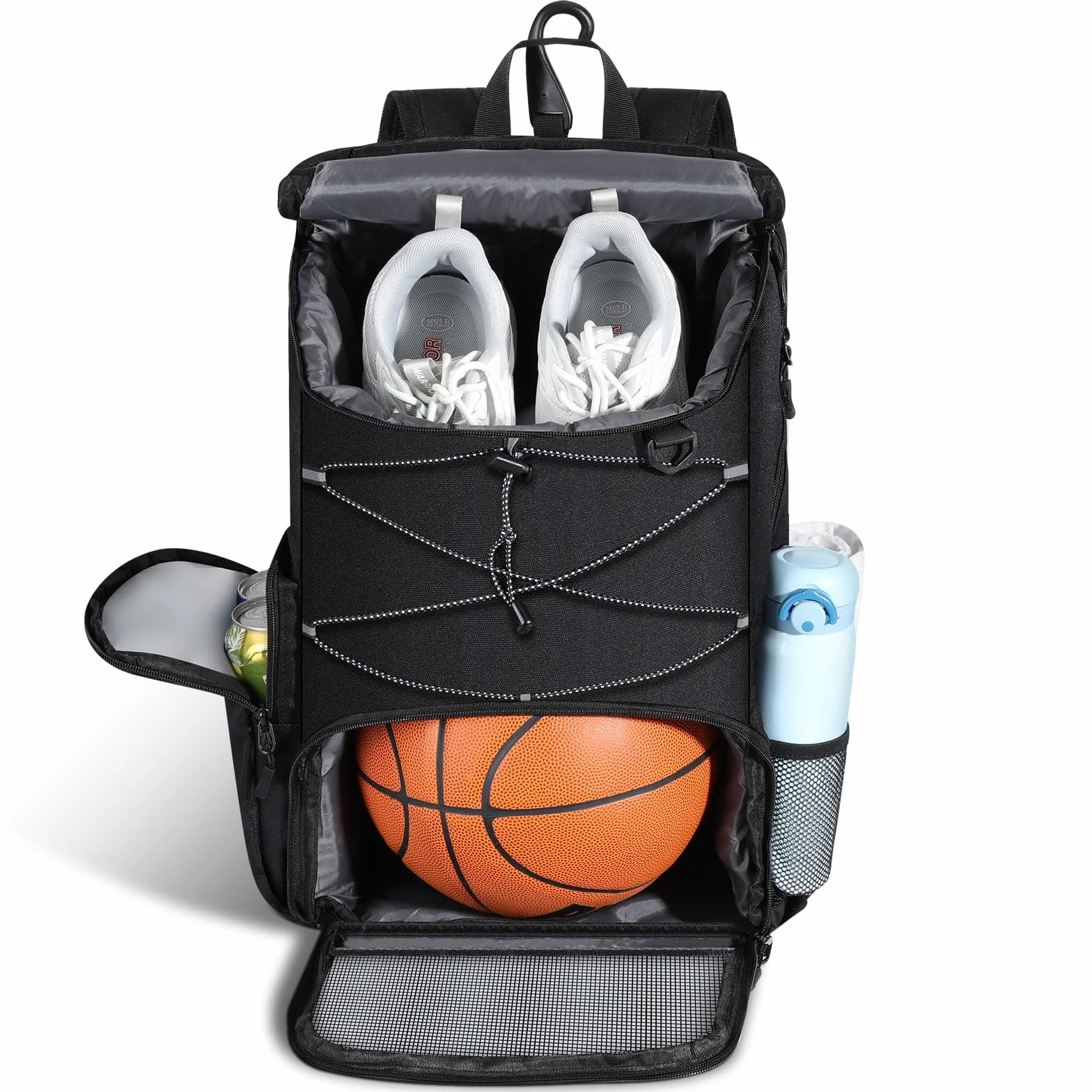 MoKo Mochila de Baloncesto Transpirable con Bolsa para Zapatillas, Múltiples Bolsillos, Gancho Oculto, Puerto de Carga, Negro