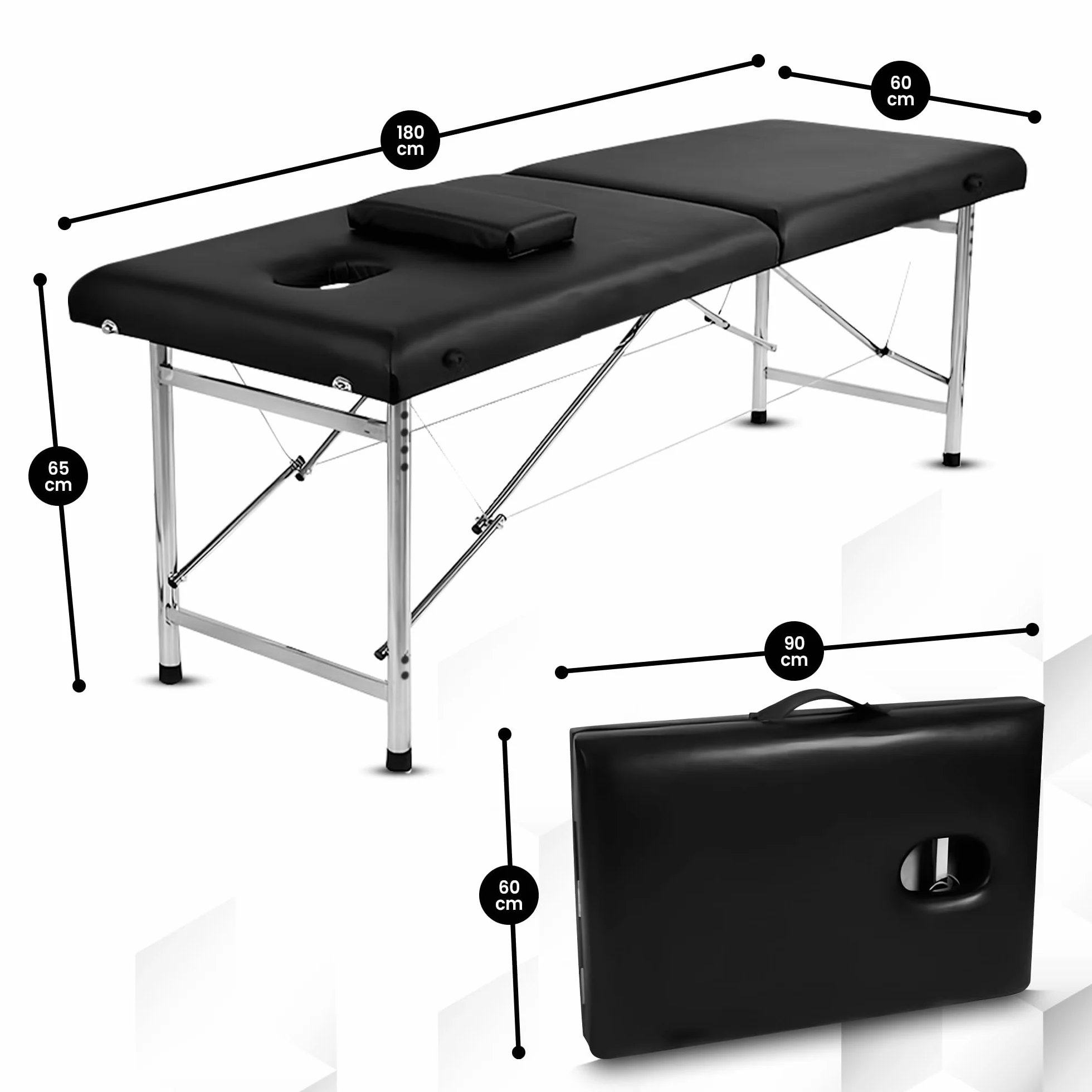 Mesa de masaje plegable profesional Maya de 2 planos, aluminio negro