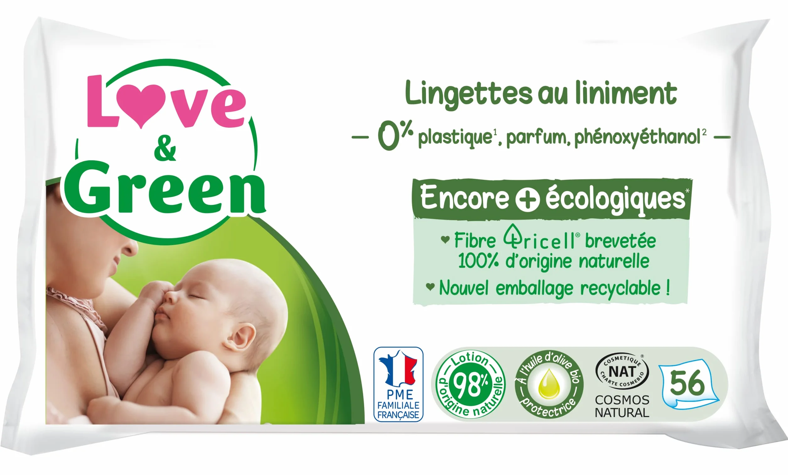 Love & Green Toallitas de lino ecológicas – 56 uds – Certificado Cosmo Natural