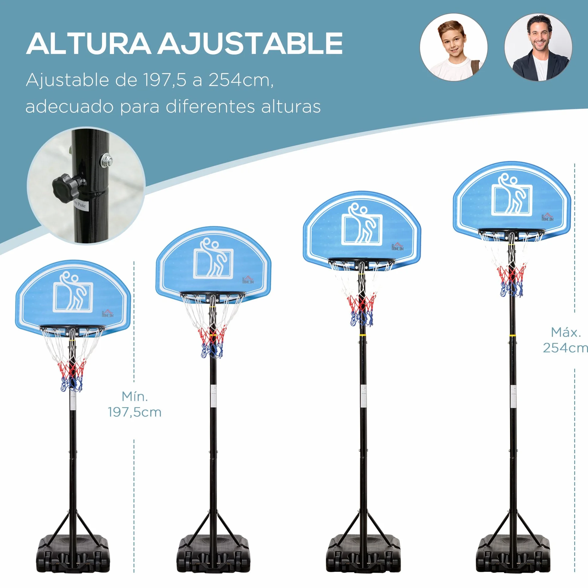 HOMCOM Canasta de Baloncesto Exterior Altura Ajustable 160-210 cm Portátil Tablero PE Ruedas Base Rellenable