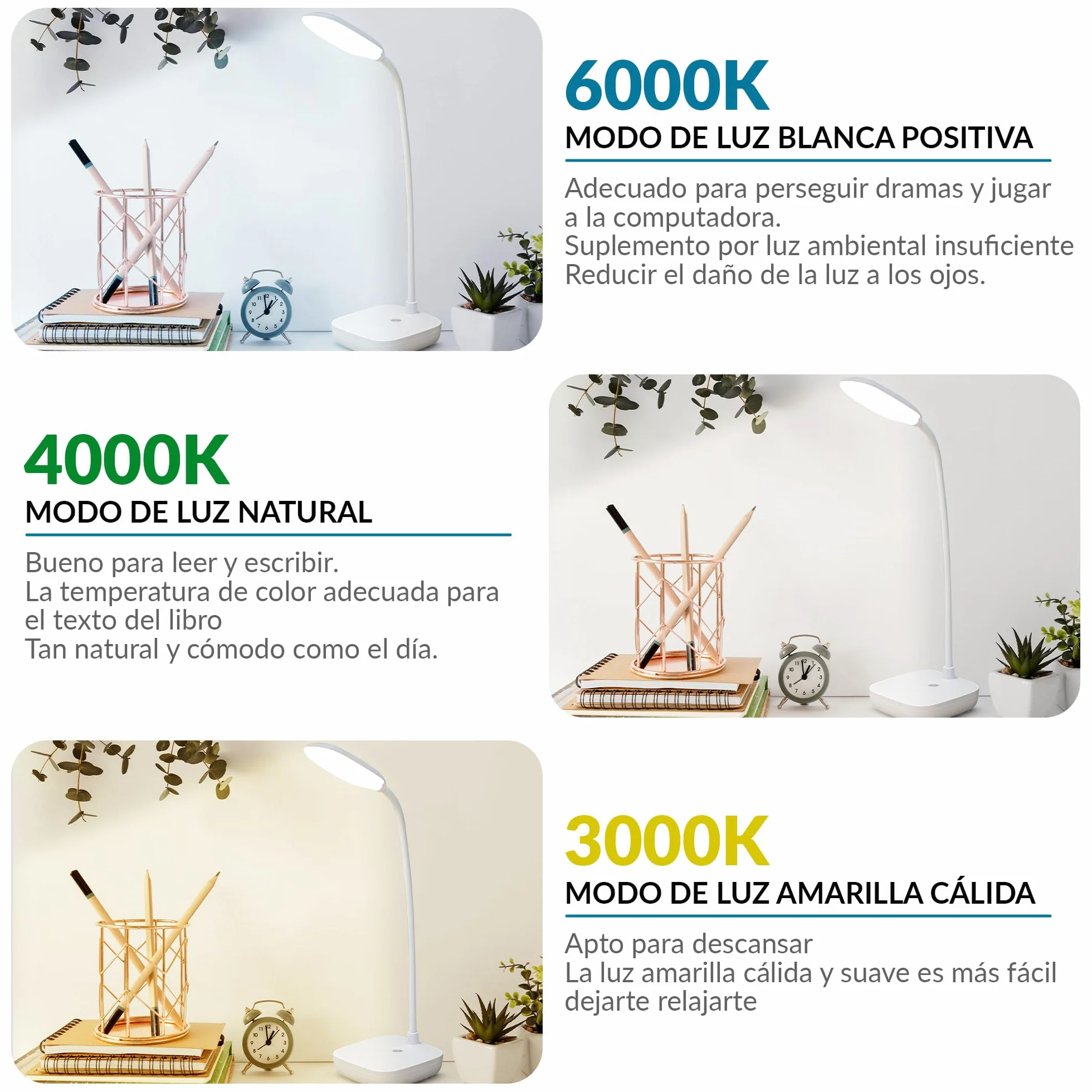 Lampara Escritorio LED Recargable, Flexo Flexible 3 Modos Luz, Control Tactil Ajustable para Oficina Estudio