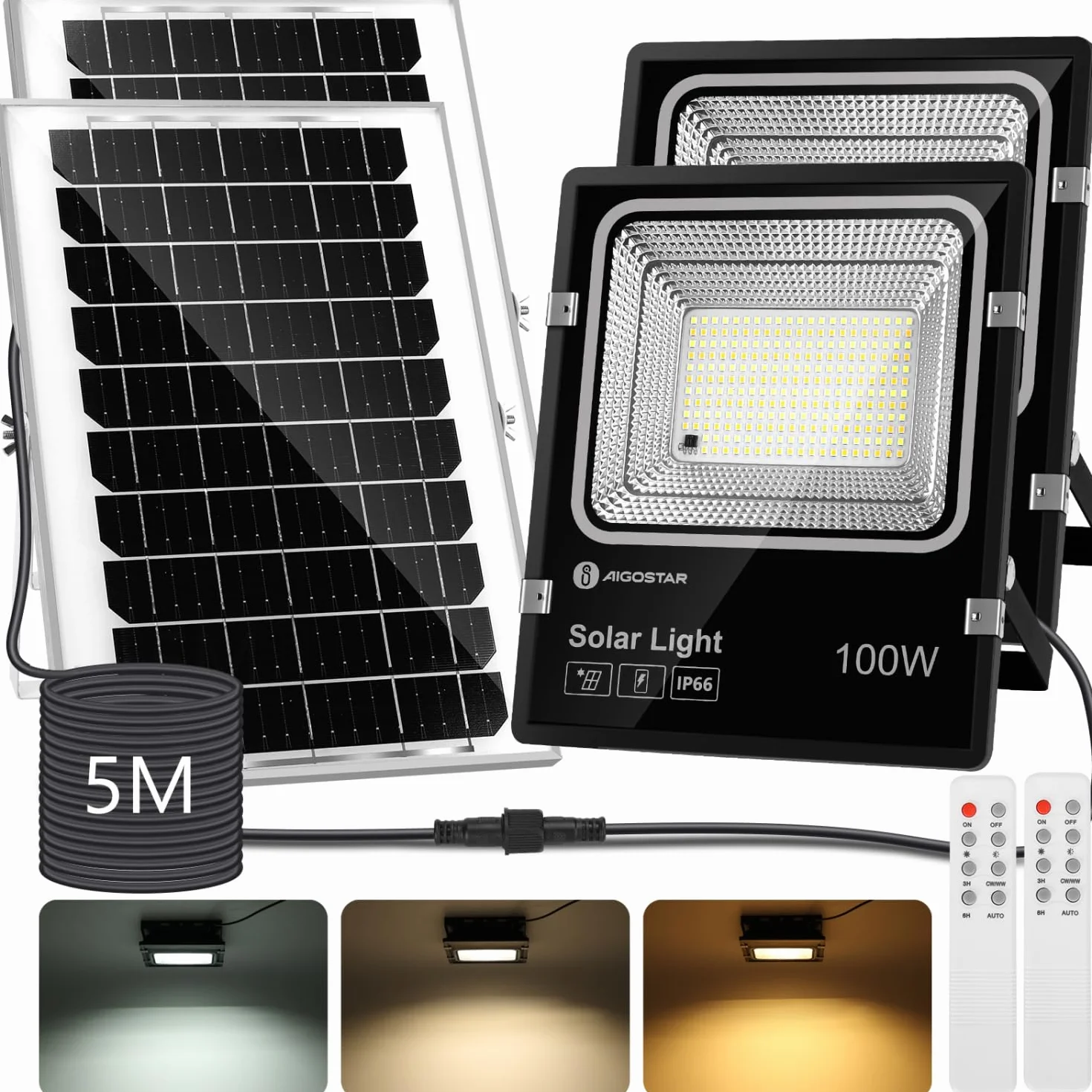 Aigostar Foco Solar Exterior 8000mAh IP66 Regulable 3000/4000/6500K 2 Piezas