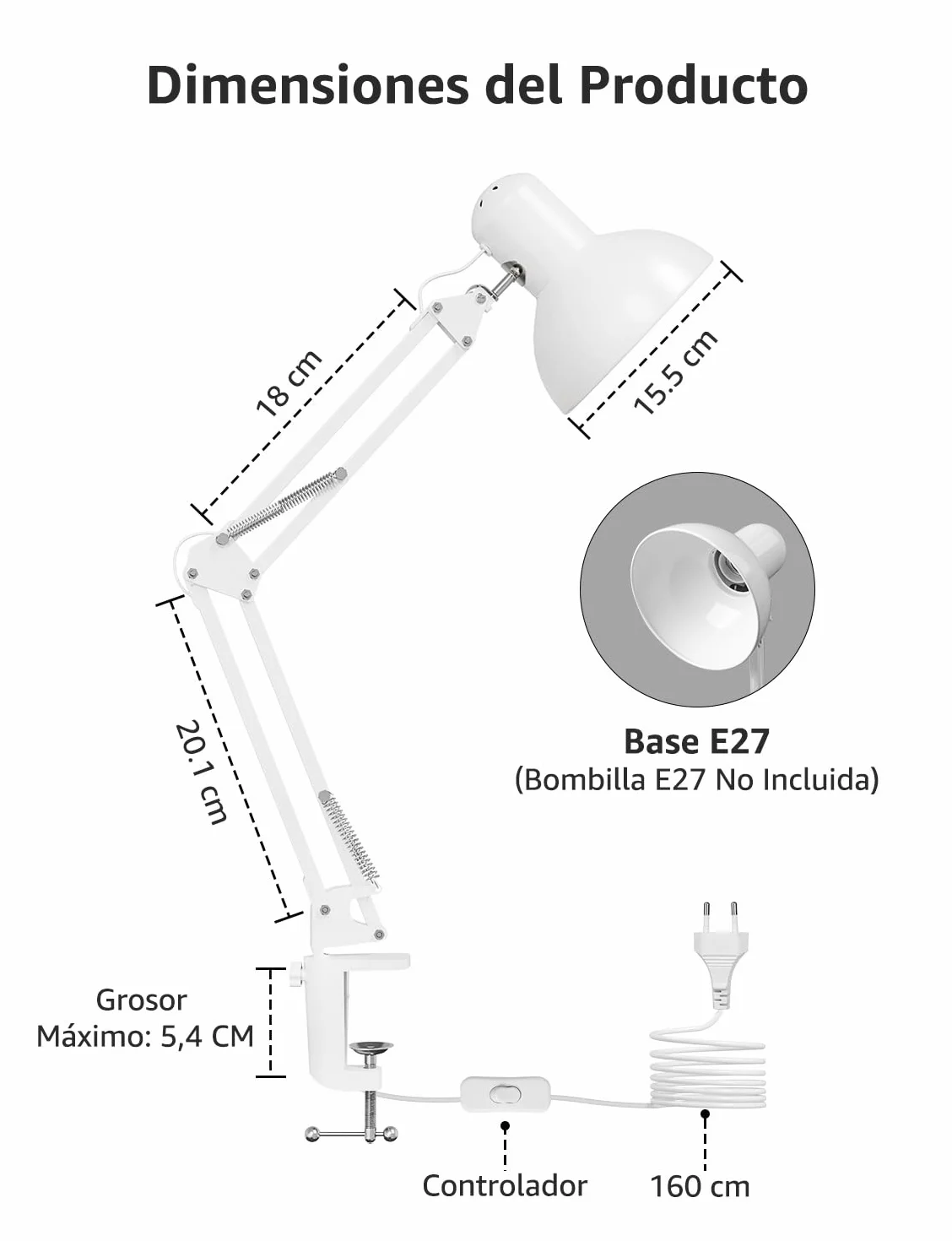 Lepro Lámpara Escritorio LED Industrial con Abrazadera Ajustable, Flexo LED Metal Vintage 40W, E27