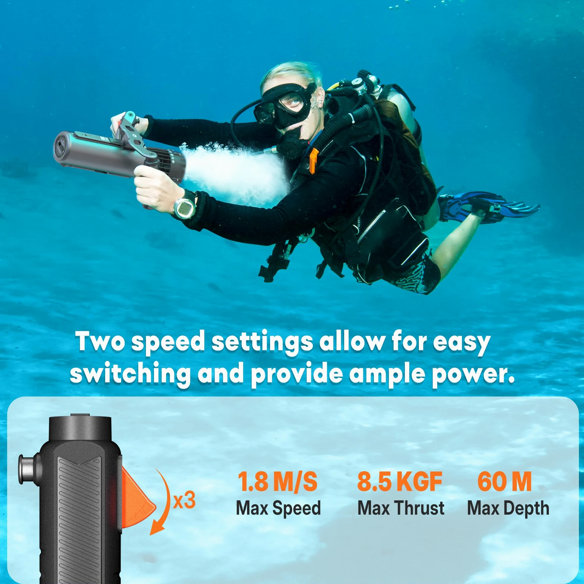 TUDIVING - Propulsión subacuática mejorada | Duración de la batería de 1 hora | Batería extraíble | IPX8 impermeable | Resistente al agua hasta 60 m | Scooter submarino con soporte de cámara de acción
