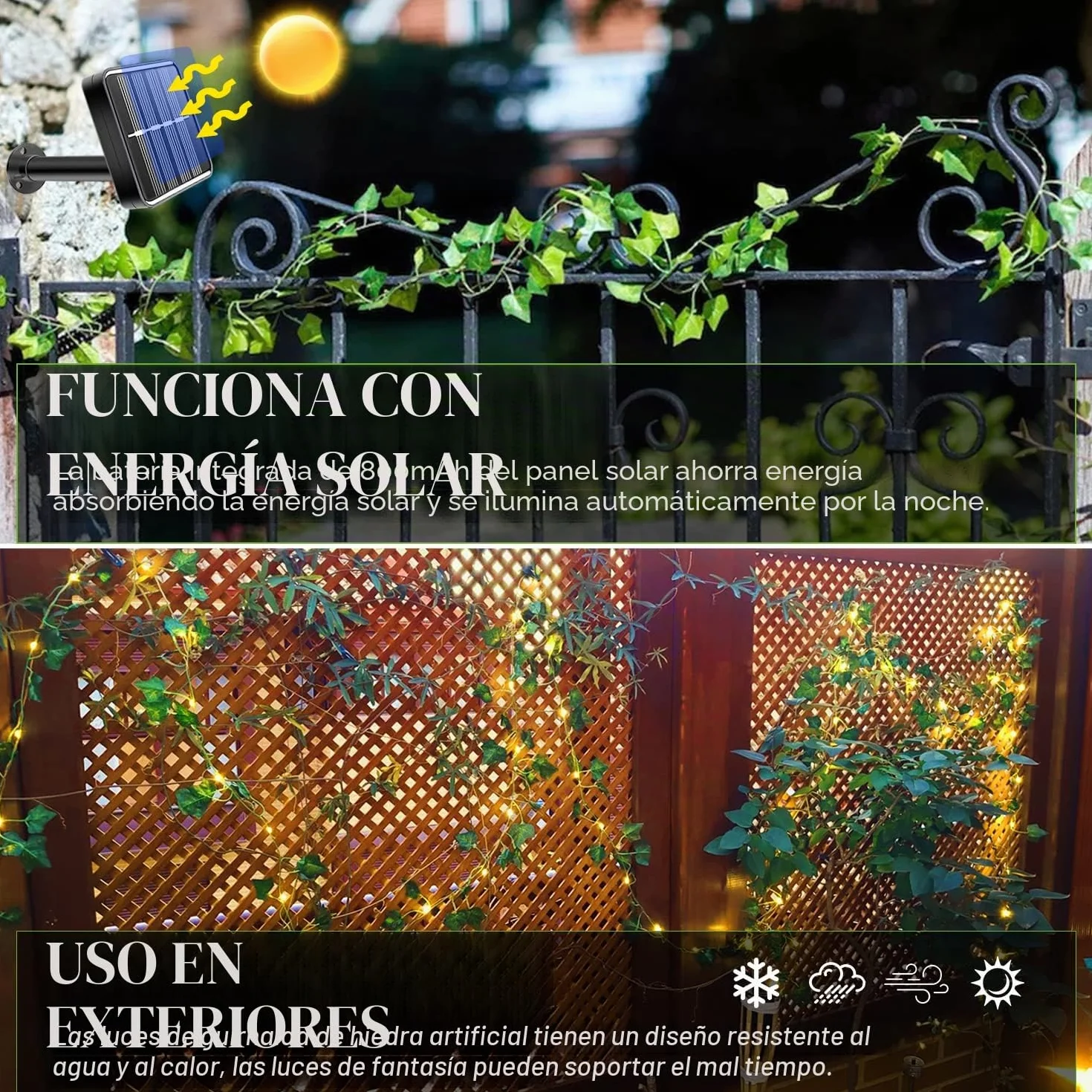 A.bigwhale 12M 120 LED Guirnalda Luces Exterior Solar, Hiedra Artificial con Luces Solares, 8 Modos Impermeable