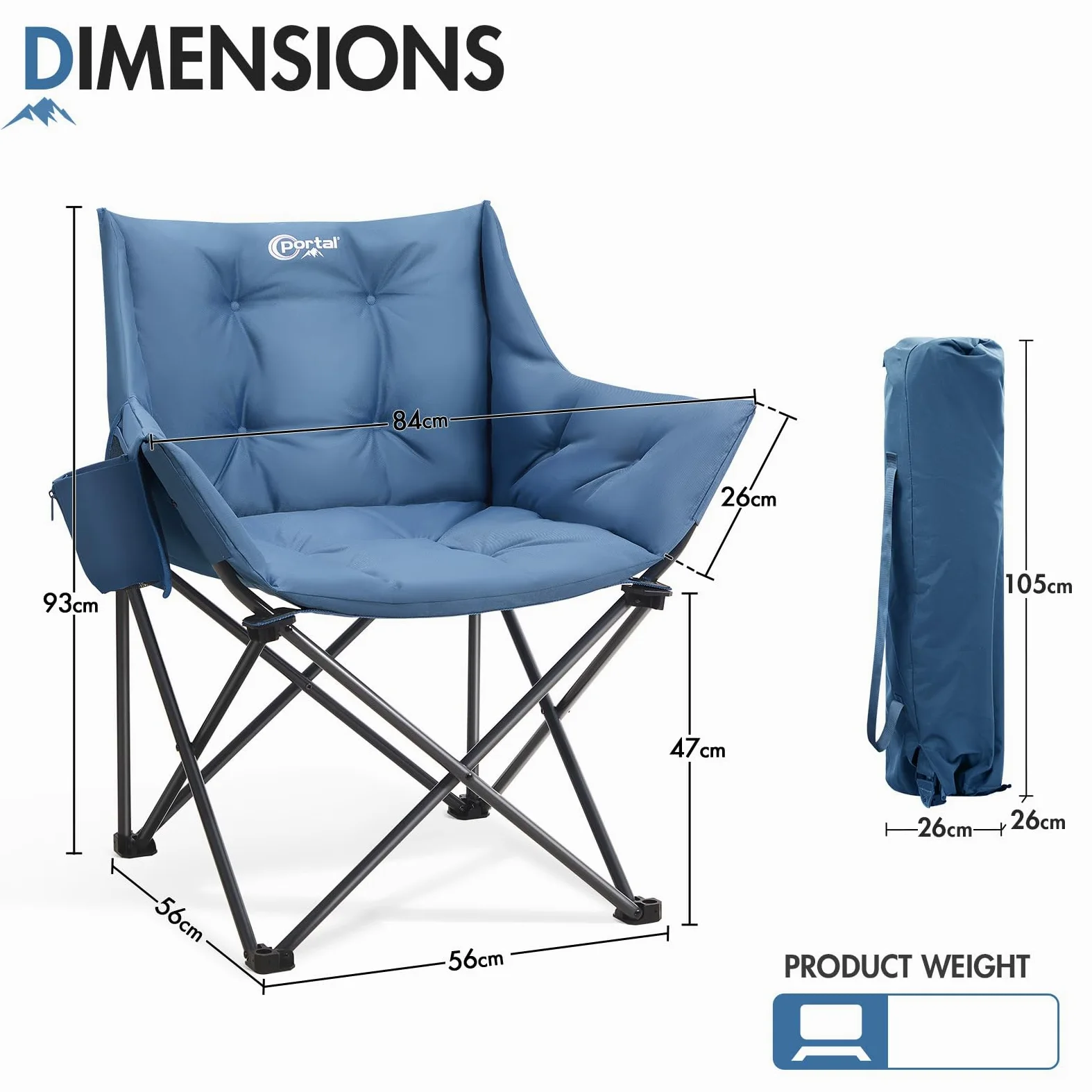 Portal Silla de camping plegable plegable para camping, muy suave, 150 kg, plegable, XXL, gruesa, acolchada, con reposabrazos, color azul