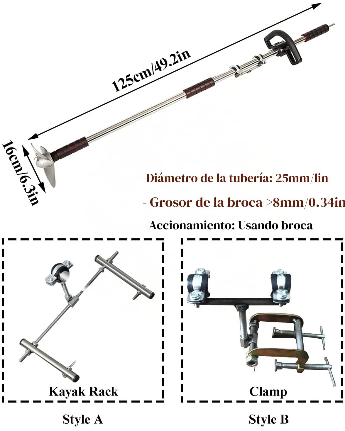 Motor Fueraborda Batería para Motor Eléctrico de Arrastre para Barco de Pesca, Motor Eléctrico Fueraborda para Tabla de Paddle Surf, Motor de Kayak Portátil(With Bracket,L-125cm(49 1/4"))