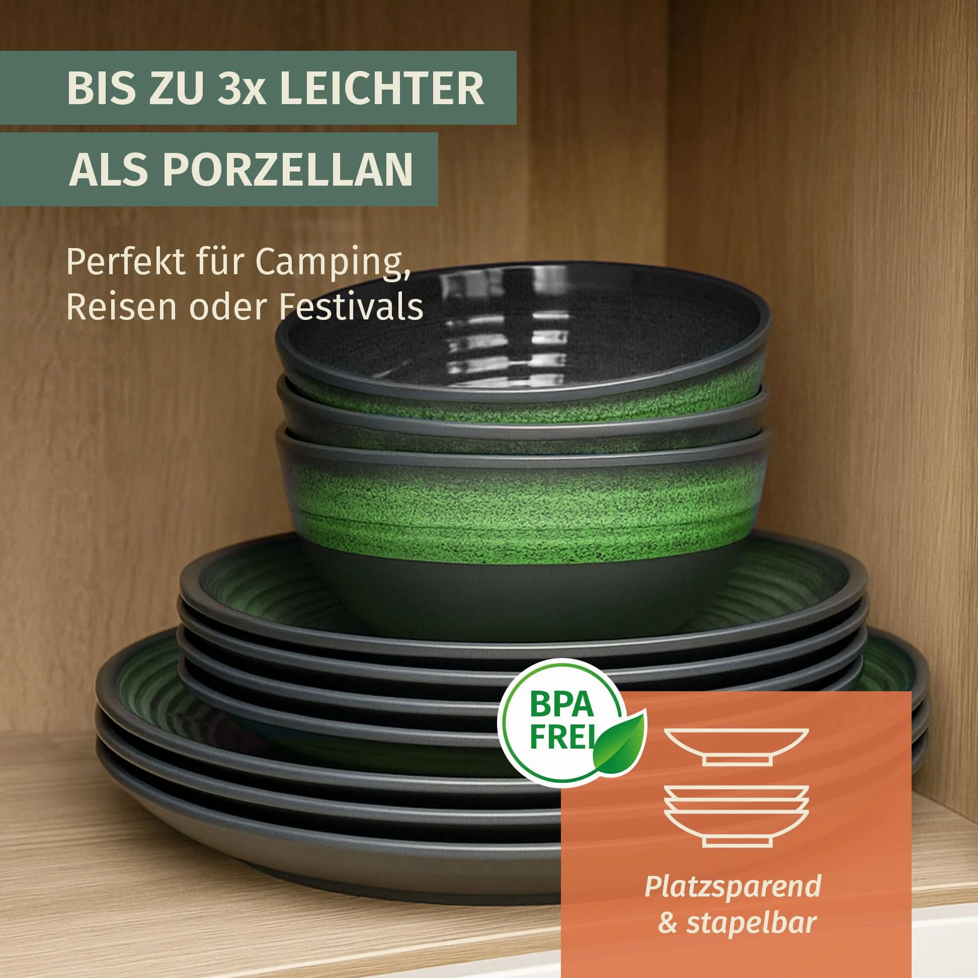 Vajilla de melamina para camping, 4 personas, color verde piedra + 4 vasos Milano vasos de agua, vajilla de pícnic, barbacoa
