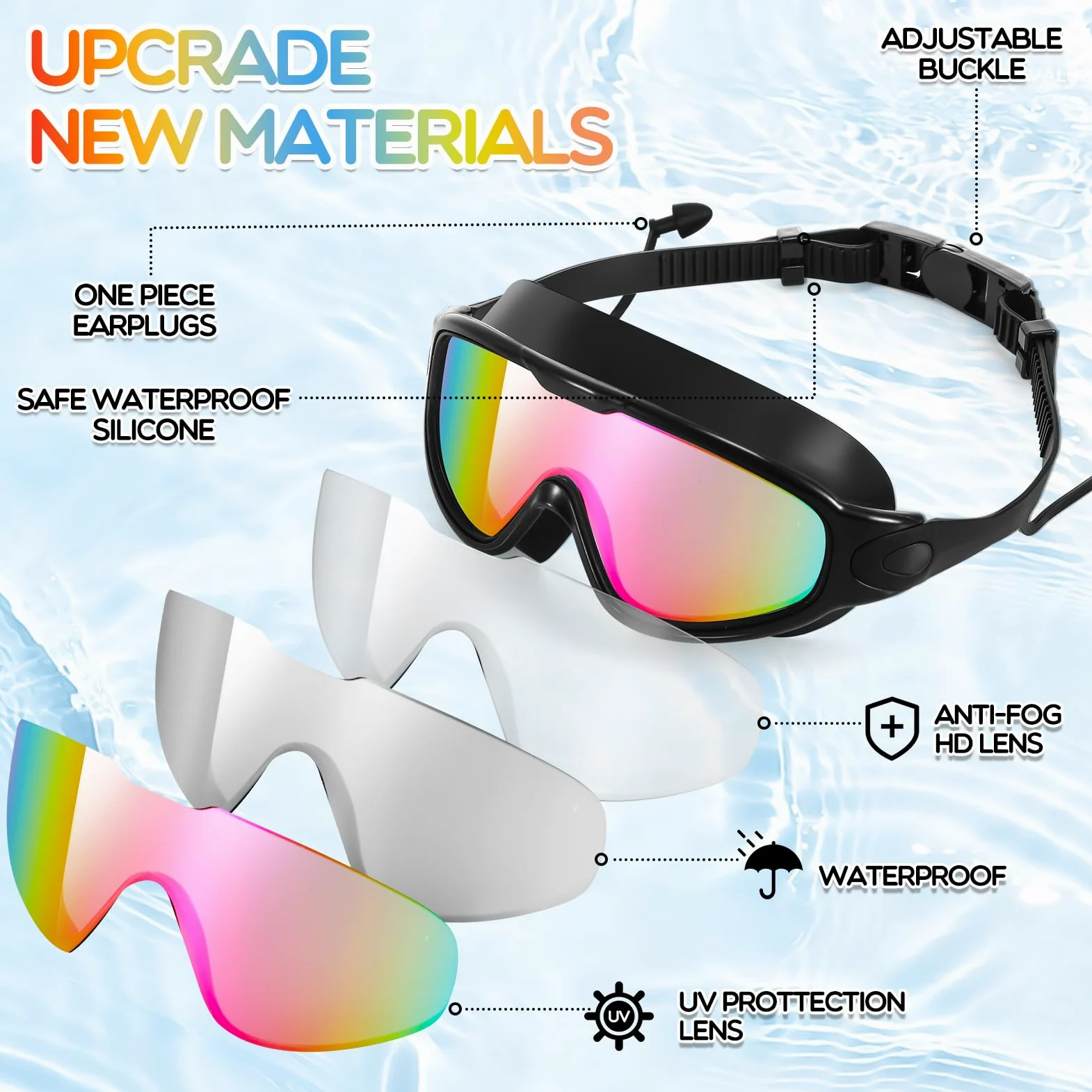Kanayu 6 gafas de natación de visión amplia sin fugas, gafas de natación antivaho para adultos, con tapones para los oídos y clip de nariz para verano, adultos, hombres, mujeres, jóvenes, protección
