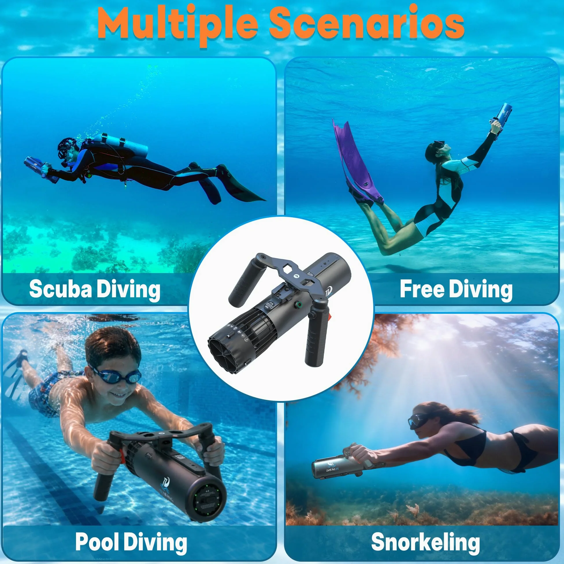 TUDIVING - Propulsión subacuática mejorada | Duración de la batería de 1 hora | Batería extraíble | IPX8 impermeable | Resistente al agua hasta 60 m | Scooter submarino con soporte de cámara de acción