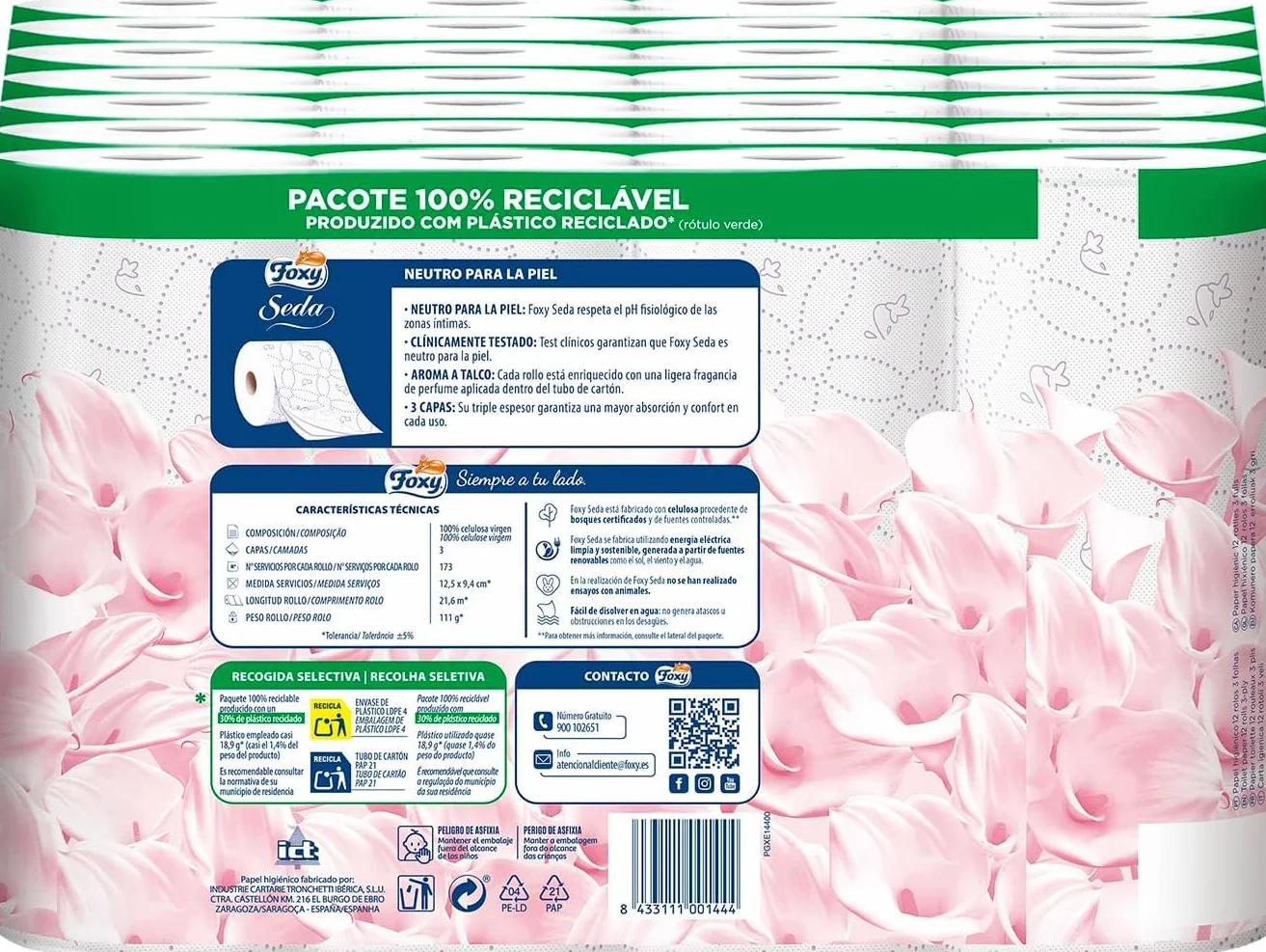 Papel higiénico Foxy Seda 28+14 rollos 3 capas FSC 100% reciclable blanco