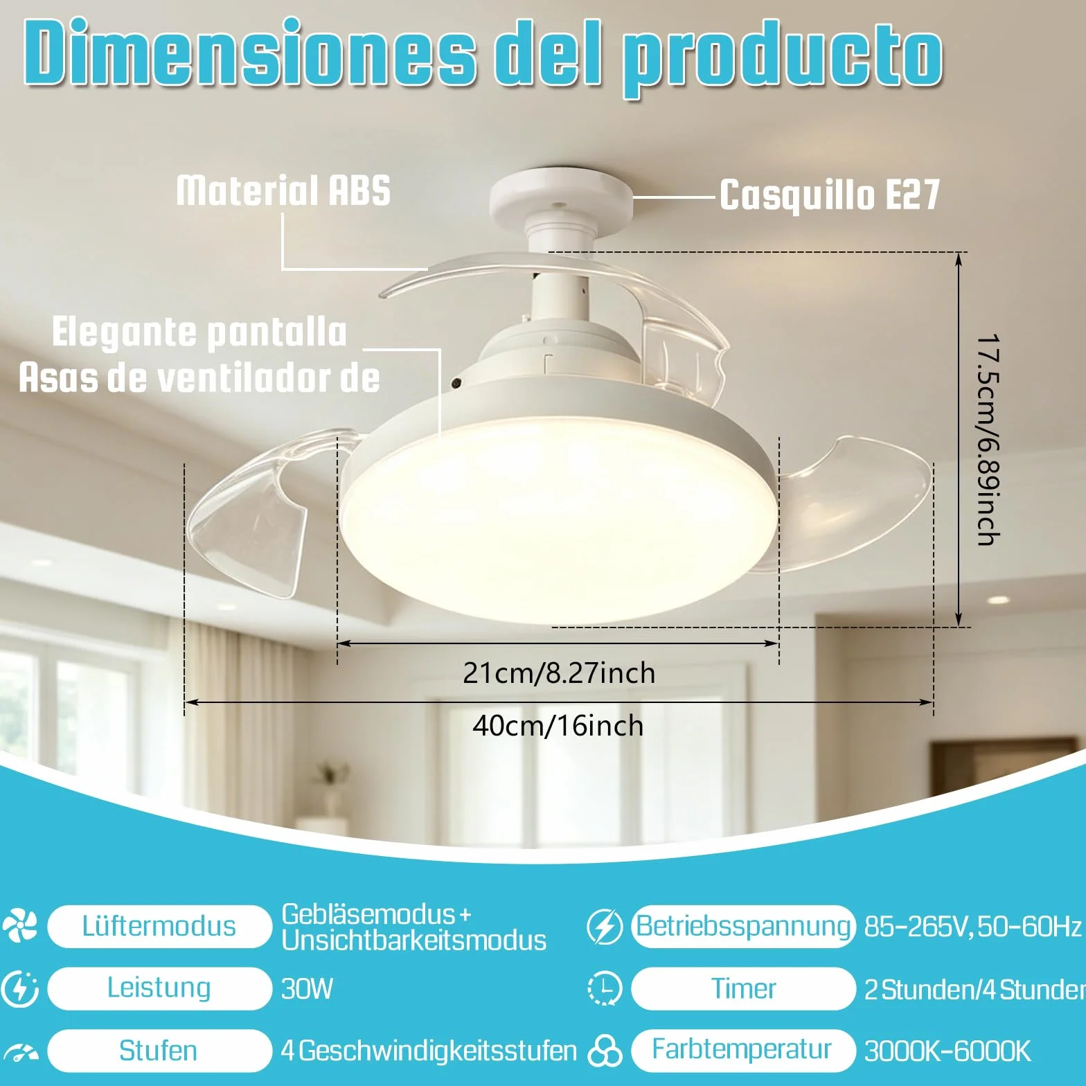 Ventilador de Techo con Luz 40CM E27 Silencioso Regulación Intensidad 4 Velocidades