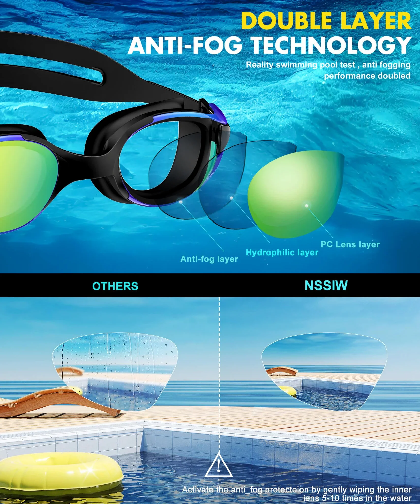 NSSIW Gafas de natación para adultos: antivaho con protección UV400, sin fugas, para hombres y mujeres, paquete de 3