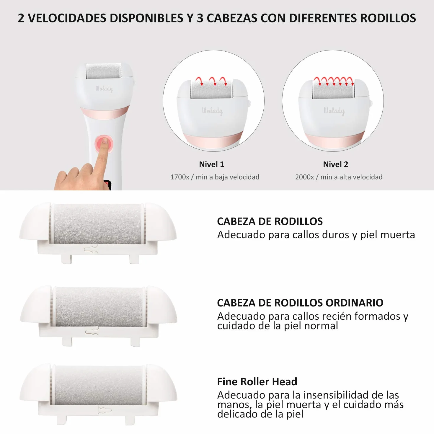 Wolady Lima Electrica Pedicura Profesional Recargable IPX7 Impermeable 1200MAH 2 Velocidades