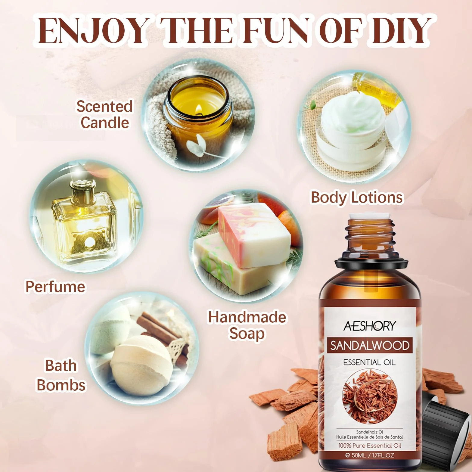 Aceite Esencial de Sándalo 50ML, Natural Aromaterapia, Aceite de Fragancia Premium para Difusor, Masaje, Baño, Cuidado de la Piel