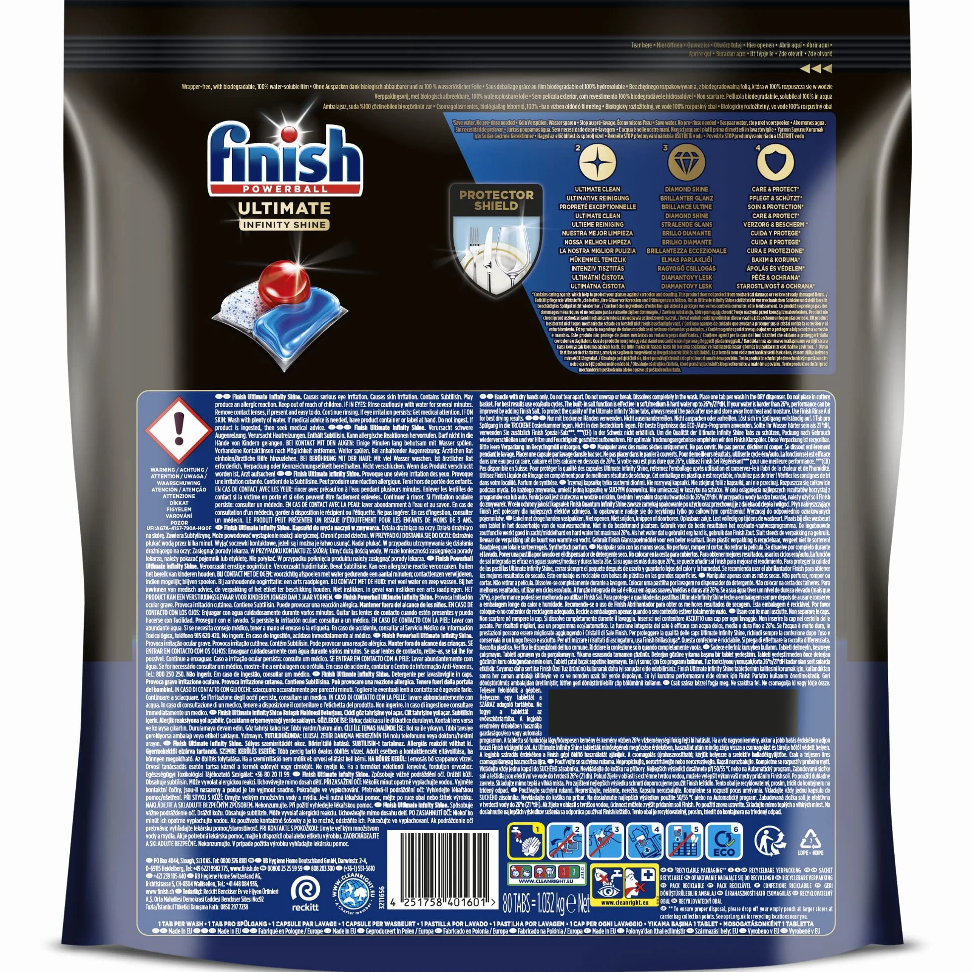 Finish Powerball Ultimate Infinity Shine pastillas lavavajillas quitagrasas protección cristal 80