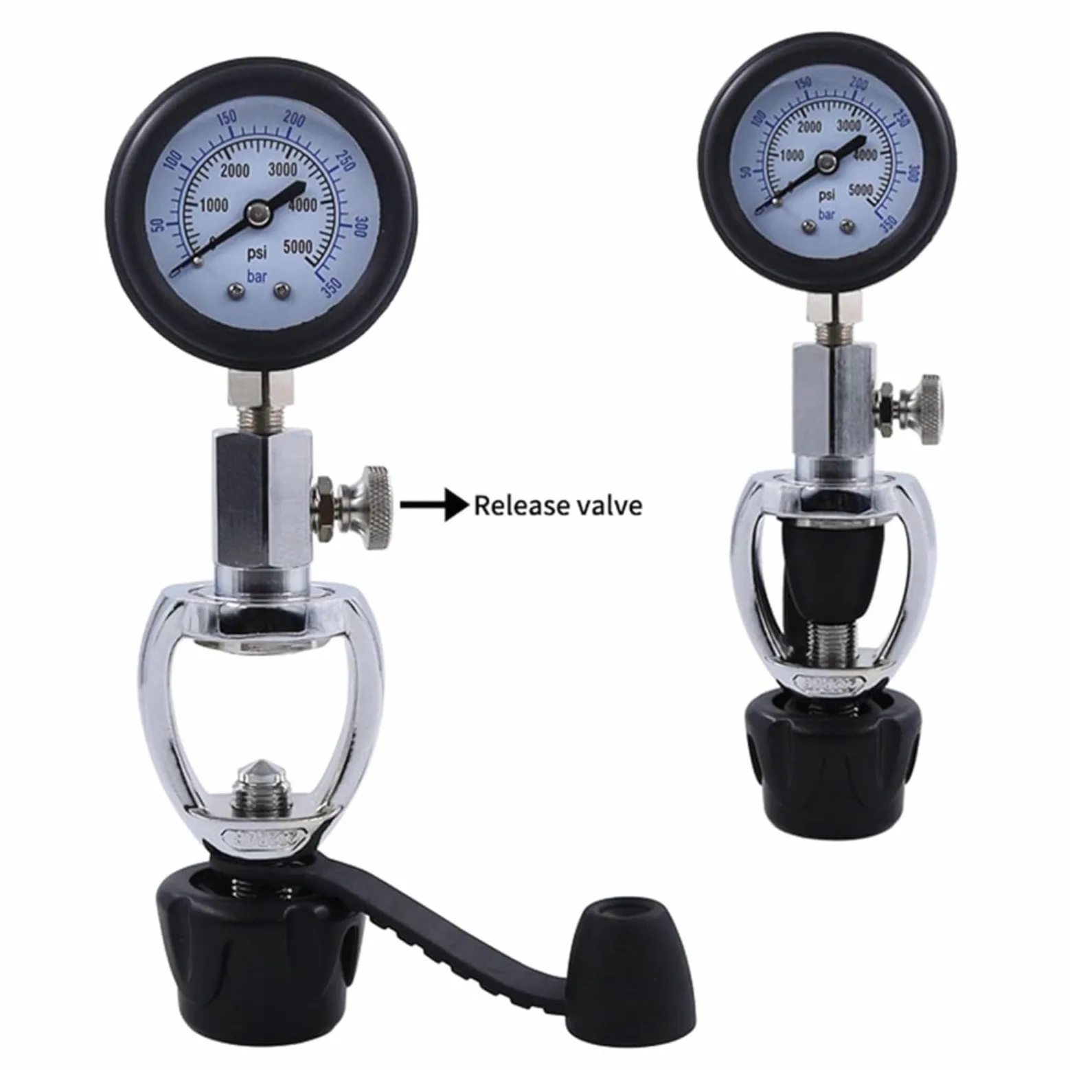 Medidor de cilindro de buceo de 5000 psi con válvula G5/8 con pantalla analógica protegida de goma para tanques de buceo, convertidor de latón compacto para tiendas de buceo, viajes