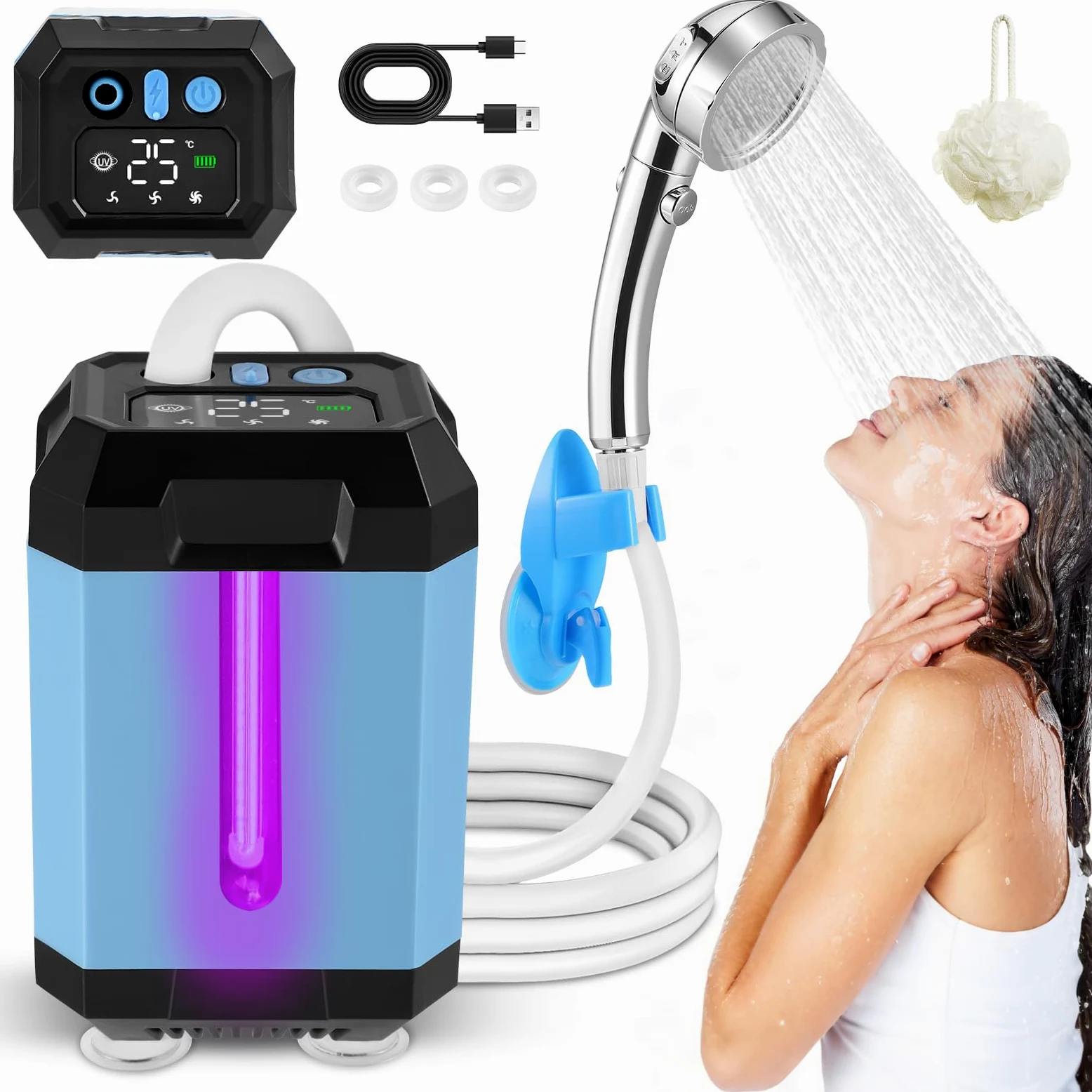 Batería portátil de ducha de camping con bomba, función de esterilización, ducha de camping, 5400 mAh, recargable con cabezal de ducha y manguera de 2 m, indicador de temperatura y potencia para