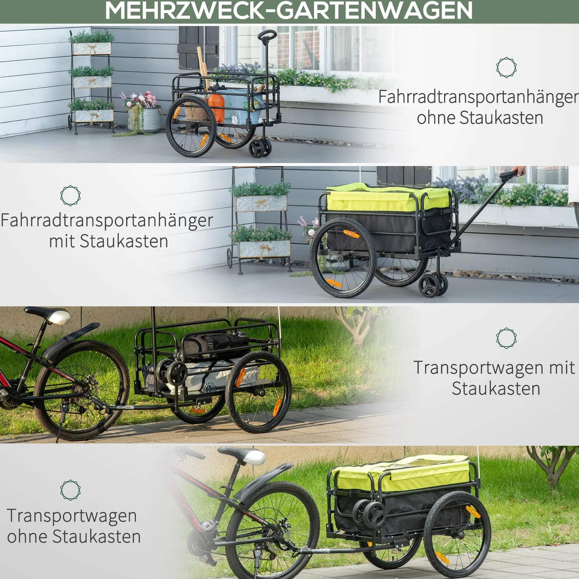 HOMCOM 2 en 1 Remolque de carga para bicicleta con neumáticos de 20 pulgadas, capacidad de carga de 40 kg, acero Oxford, 130 x 64 x 64/103 cm