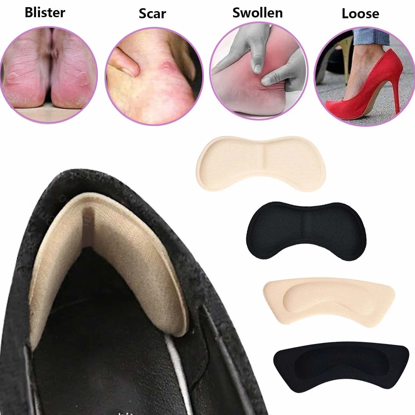 Almohadillas para el talón, 8 pares de taloneras autoadhesivas para cuidado de pies (piel/negro)