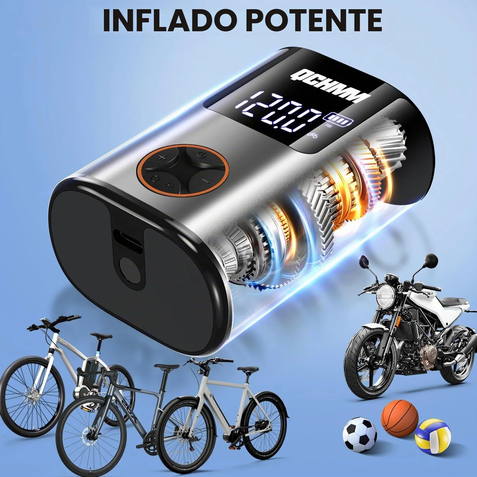 Bomba de bicicleta eléctrica, mini bomba de aire eléctrica para bicicleta, bomba de aire con manómetro para válvulas Schrader y Presta, bomba de aire de batería de 120 psi, unidades PSI/bar, apagado