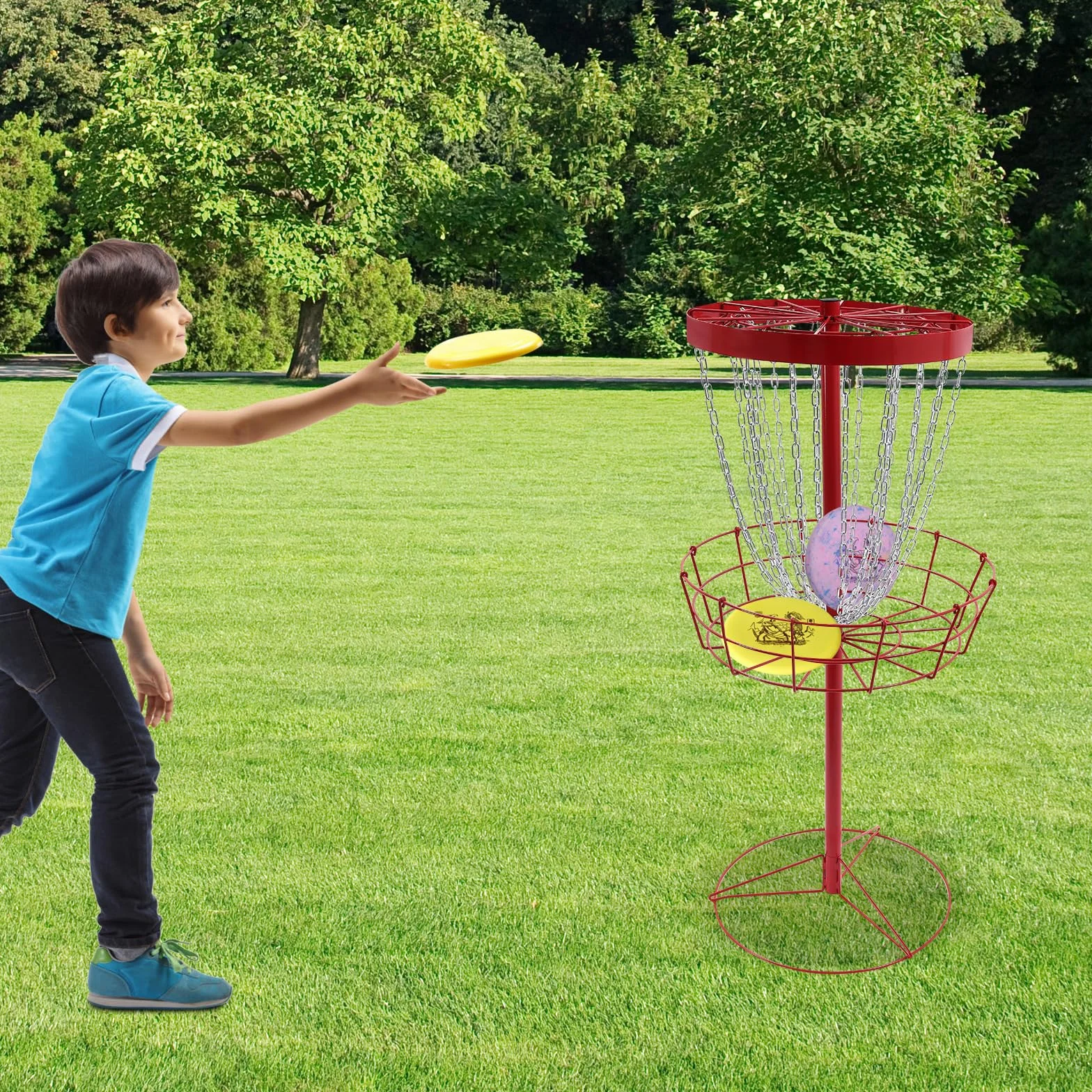 Disc Golf - Cesta de golf independiente con 24 cadenas, disco portátil, objetivo para ejercicio al aire libre, 64,5 cm de diámetro, con 4 clavos de suelo, adecuado para principiantes y