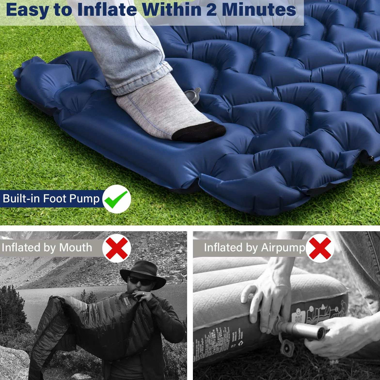 Esterilla Camping Autoinflable, Espesar Colchoneta Camping Hinchable con Almohada, Ultraligero Colchon Hinchable Camping con Bomba de Pie, para Viajes, Exteriores, Senderismo, Playa