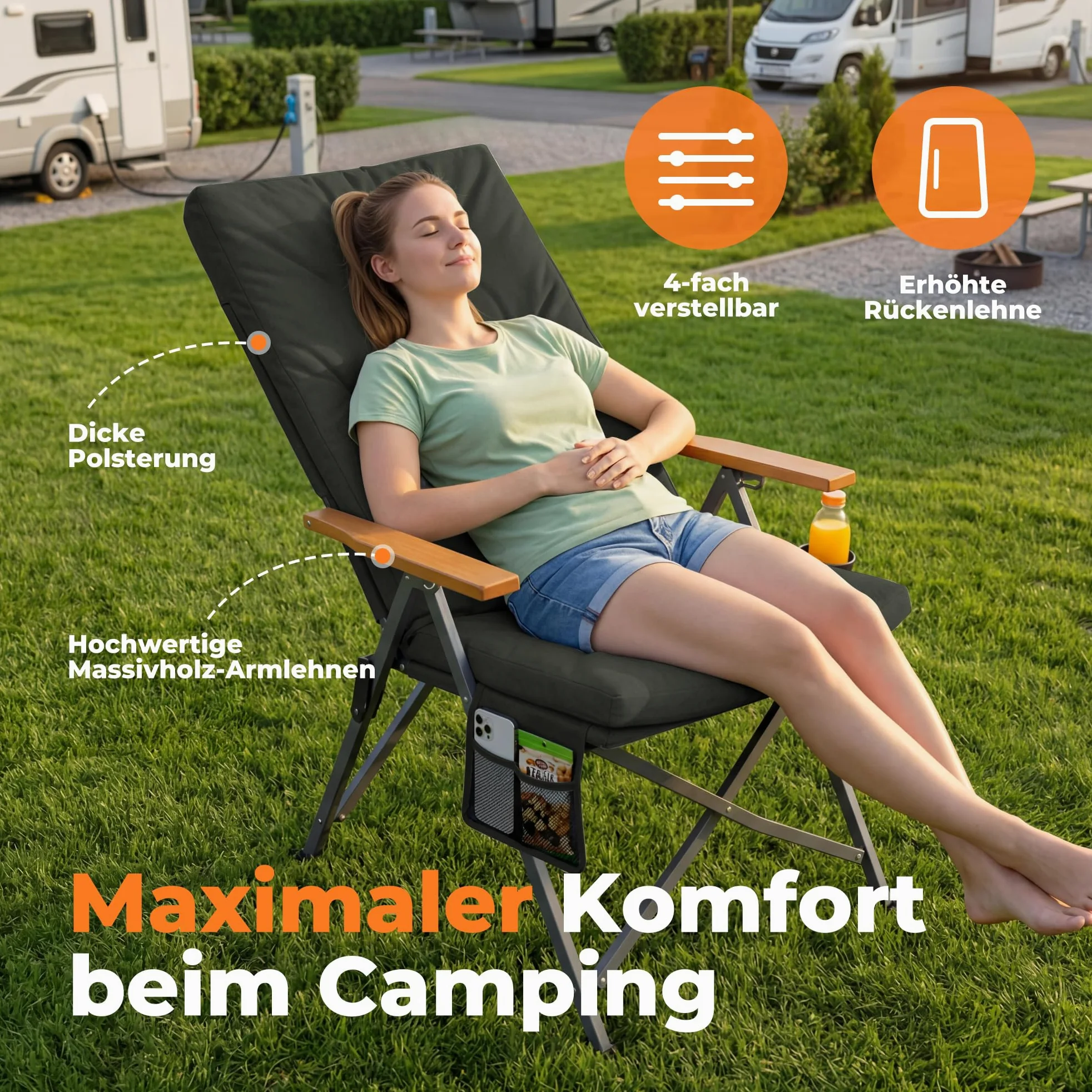 Homecall Silla de camping plegable, soporta 150 kg, respaldo alto, silla plegable de lujo, con 3 posiciones, ajustable con 4,5 cm de grosor, acolchada, para jardín, balcón, autocaravana (1, gris