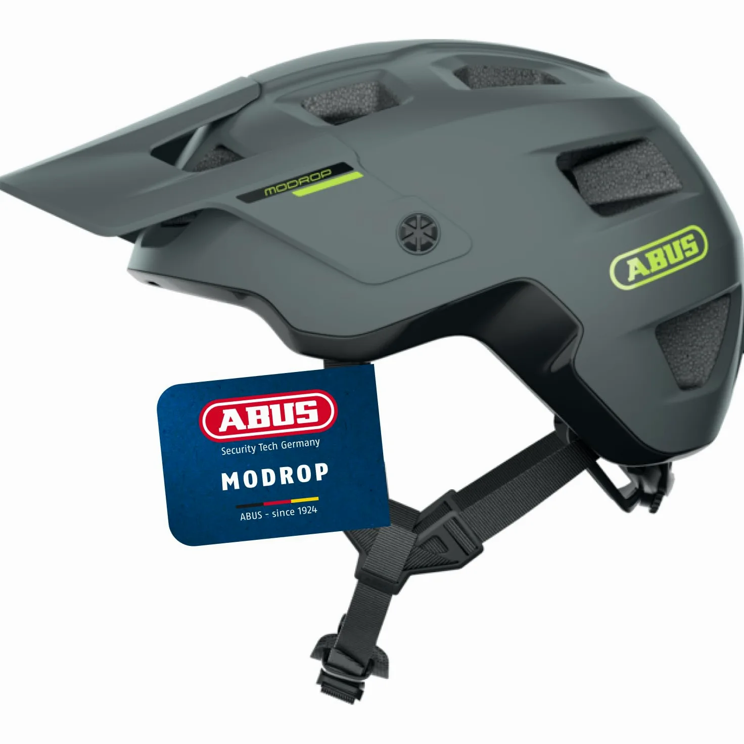 ABUS Casco MTB MoDrop, Gris Mate, M | Tecnología In-Mold, sistema de ajuste, soporte para gafas, abertura para coleta