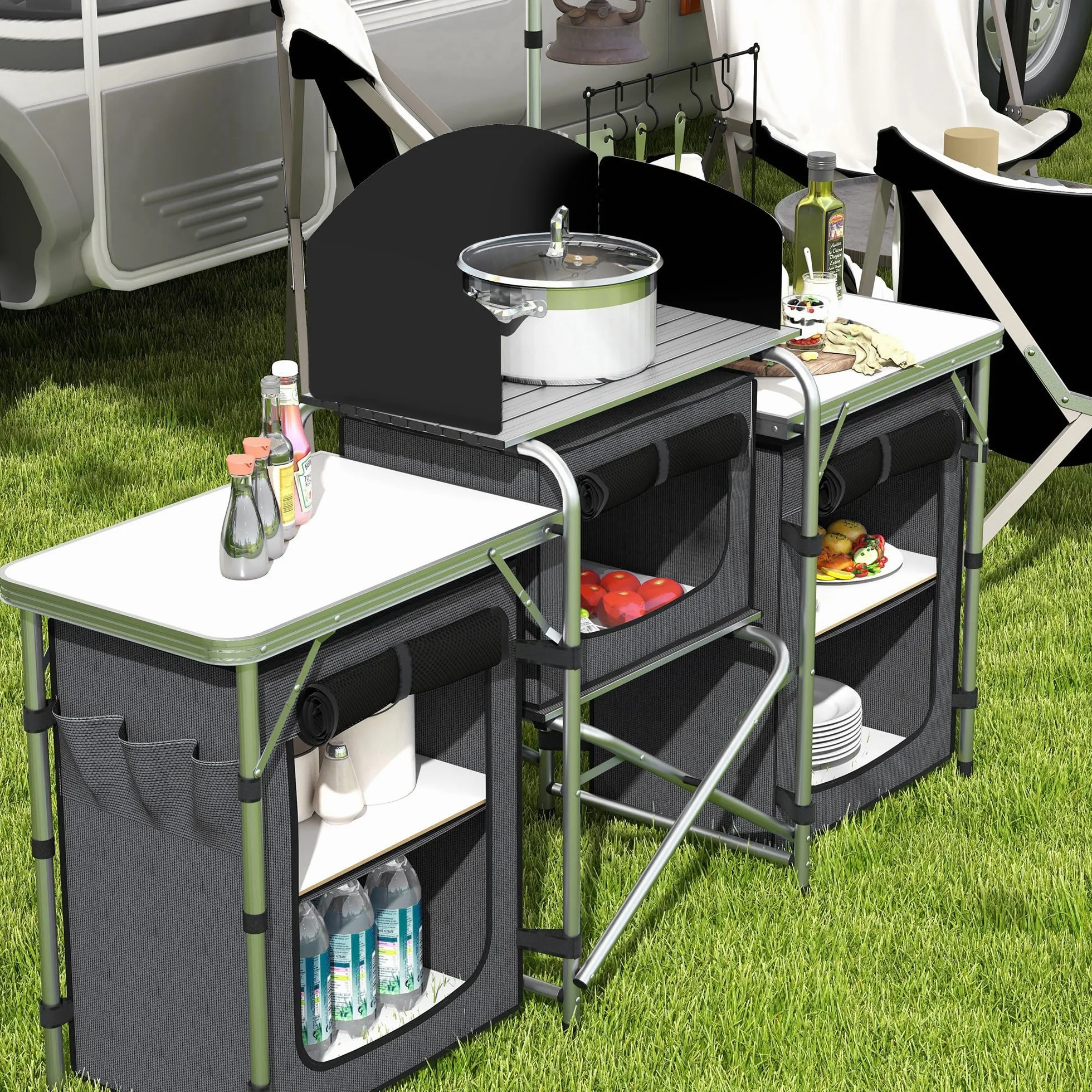 Outsunny Cocina de Camping Plegable, Armario de Camping de 3 Estantes con 5 Estantes Internos, 4 Ganchos y Bolsa de Transporte, Aluminio, MDF y Tejido Oxford, UV50+, 172x48x119 cm, Negro