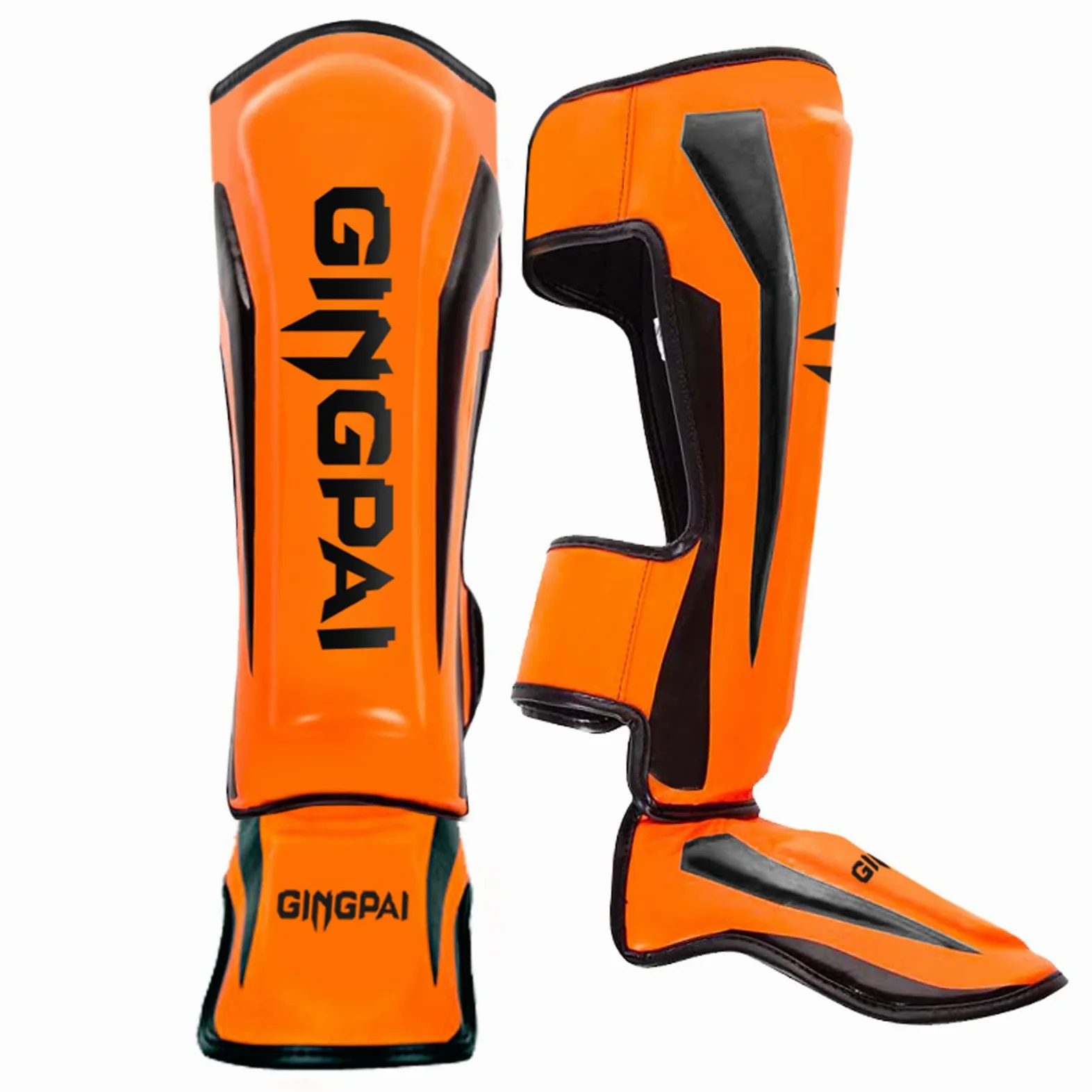 UNBOSTEN Espinilleras Kick Boxing Muay Thai,Cuero PU Resistente al desgarro，Espinilla Empeine Protección Pads, MMA Shin Pierna Guardia para Sparring Boxeo BJJ Kárate Entrenamiento-Orange||L