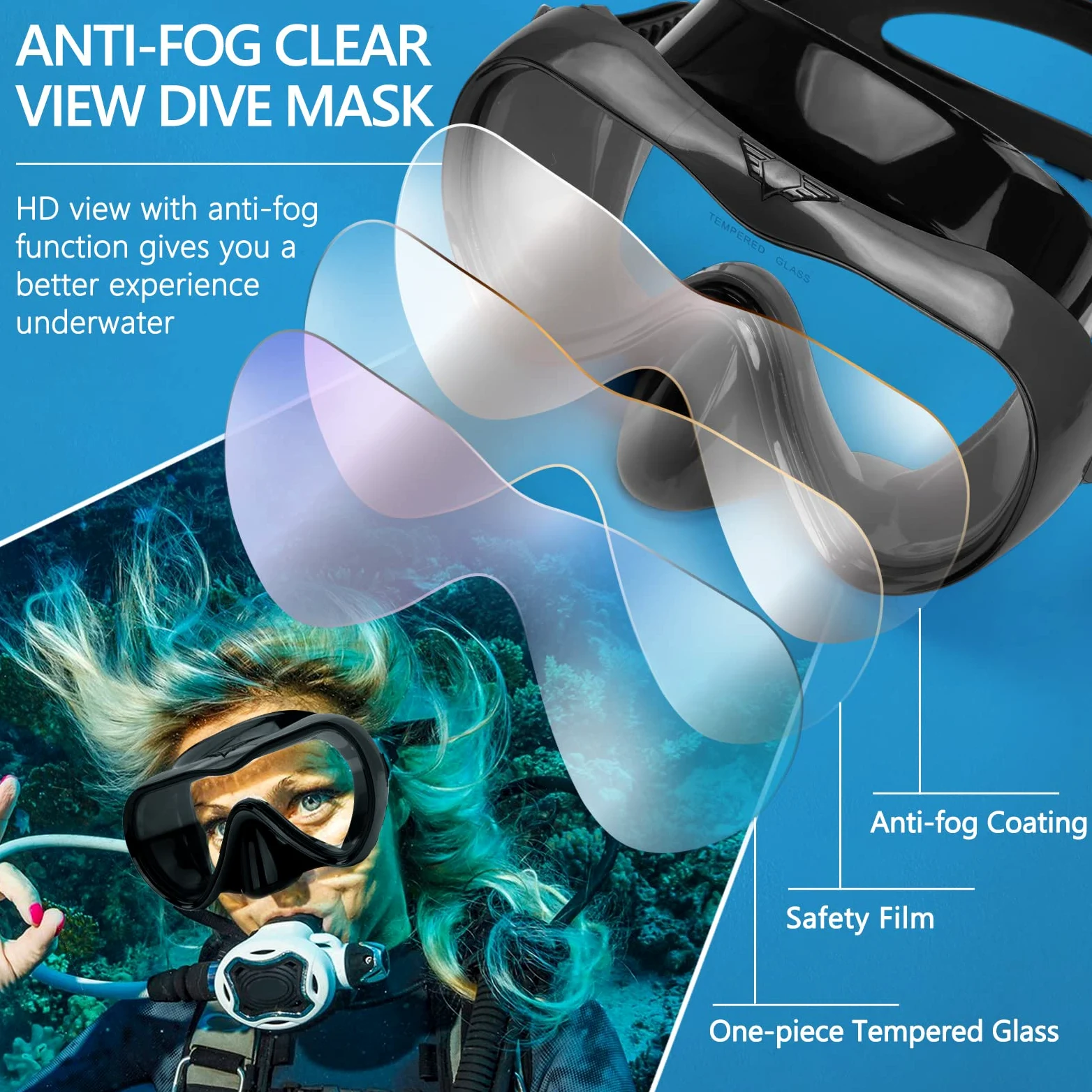 Gafas de natación, gafas de buceo antivaho con cubierta para la nariz, máscara de buceo de silicona antifugas para adultos, máscara de natación de vidrio templado HD de 180 grados para esnórquel con
